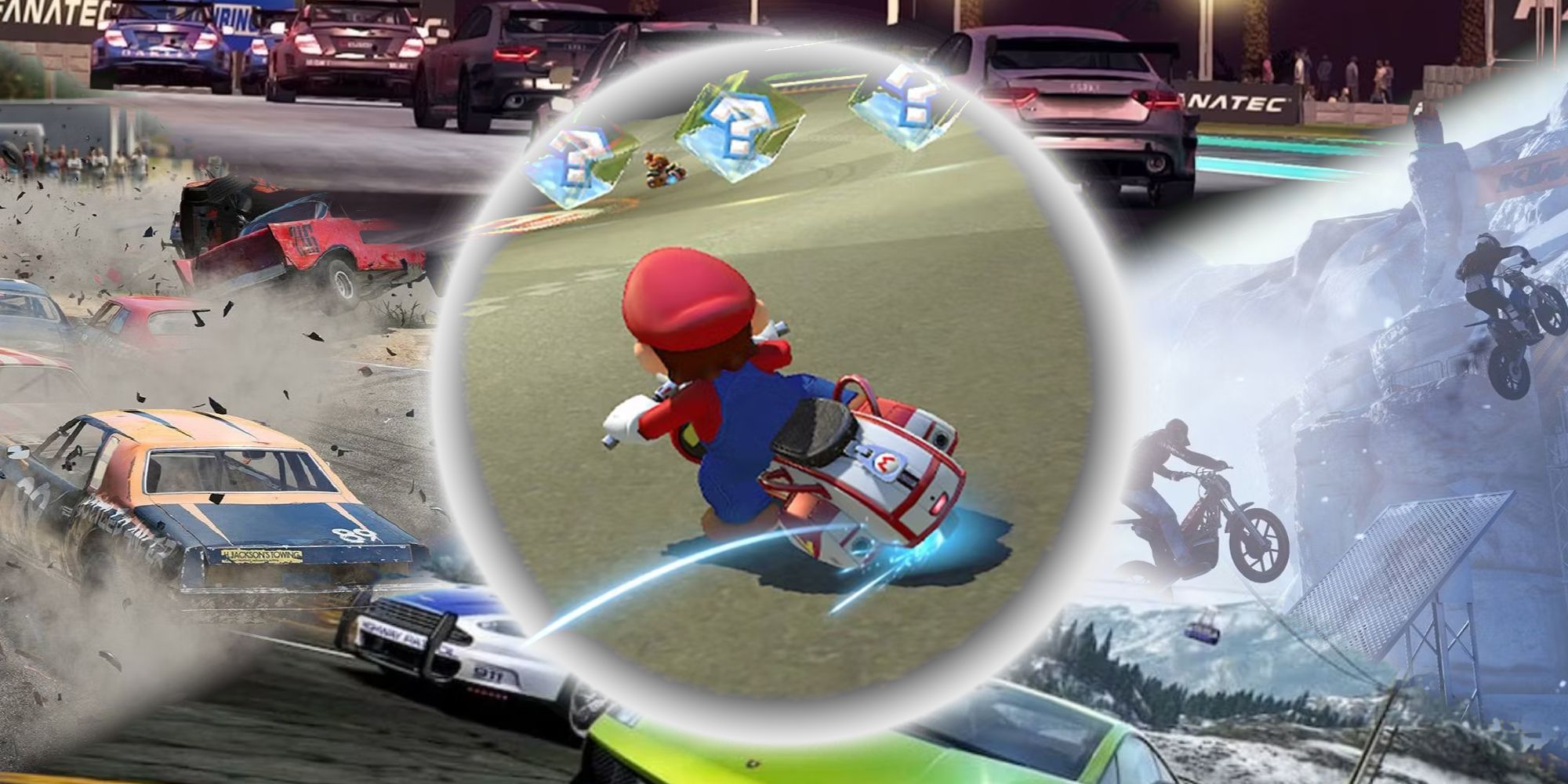 a feature image of Mario Kart, surrounded by other racing games
