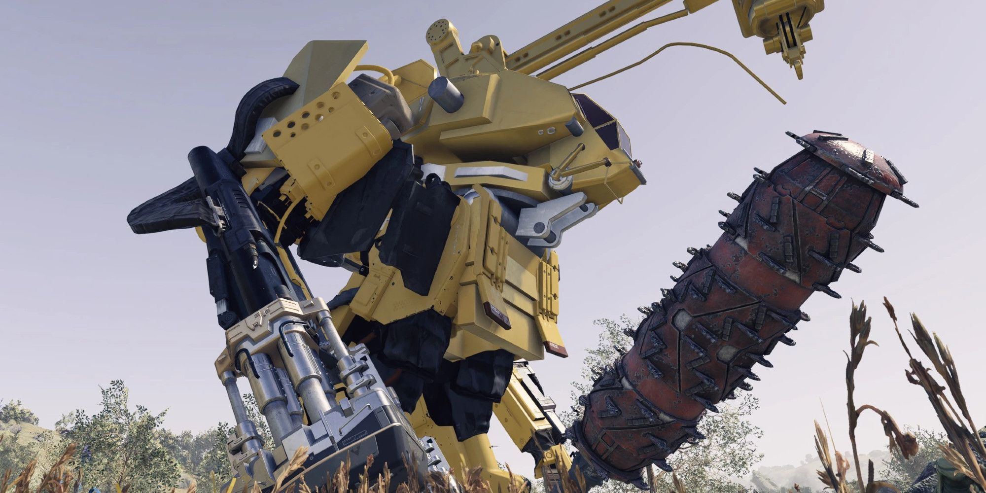 A large yellow mech holding a club in Starfield