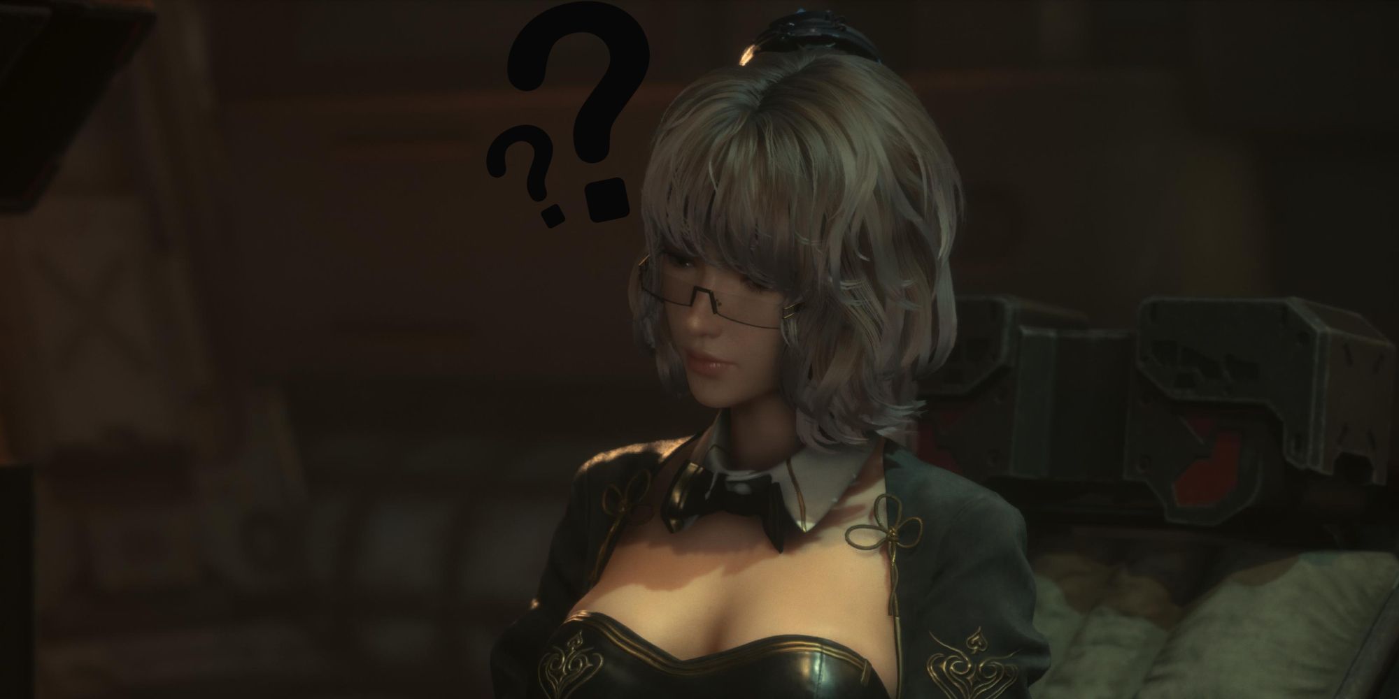 A picture of Eve thinking and two quesions marks on top of her head - Stellar Blade