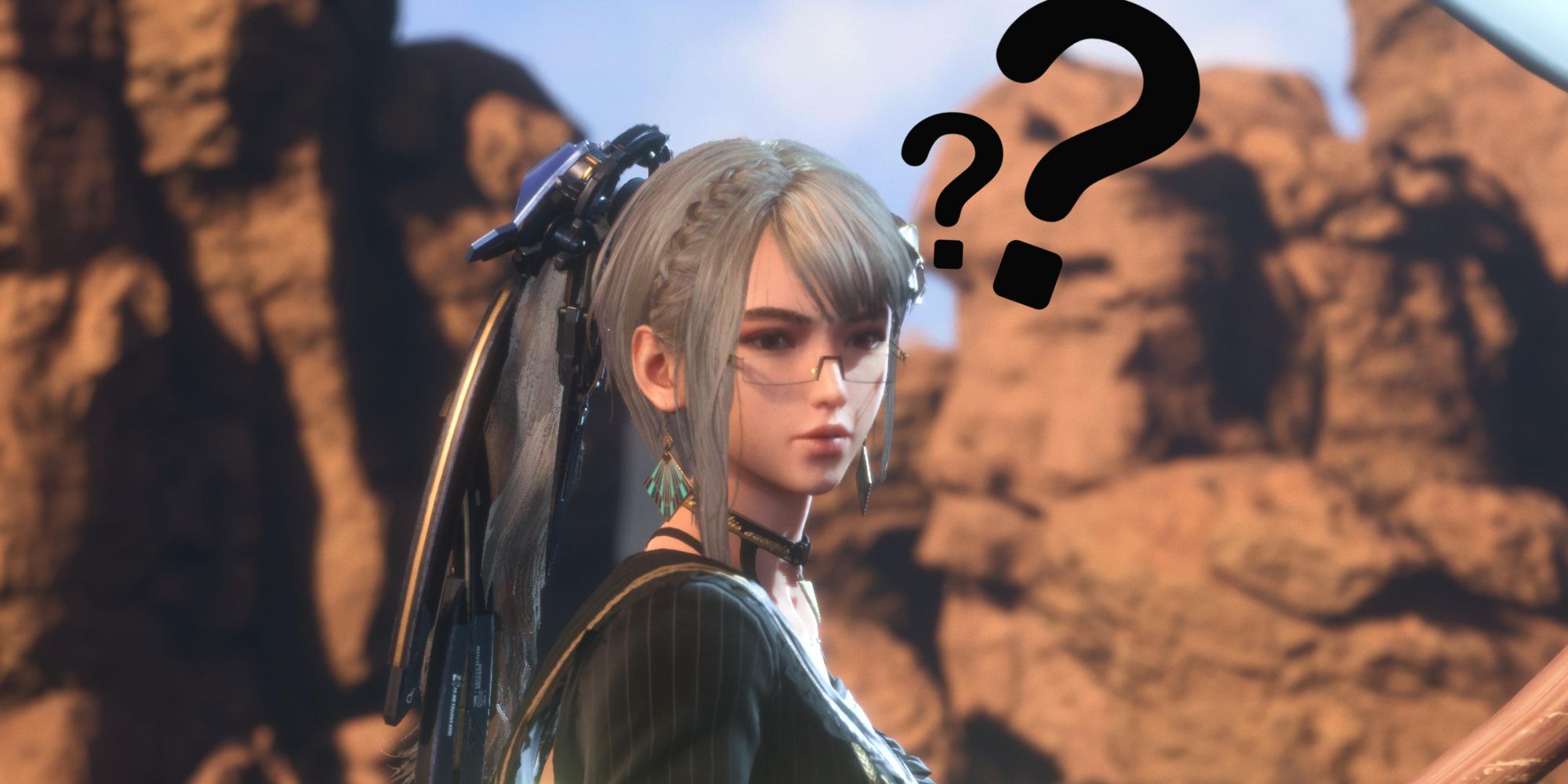 A picture of Eve thinking with two question marks on top of her head - Stellar Blade