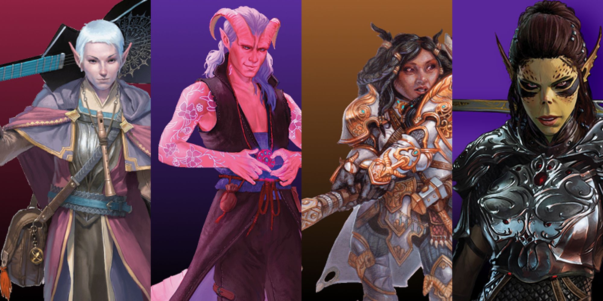 A Split Image Depicting A Bard, Warlock, Cleric, And Fighter From Dungeons And Dragons
