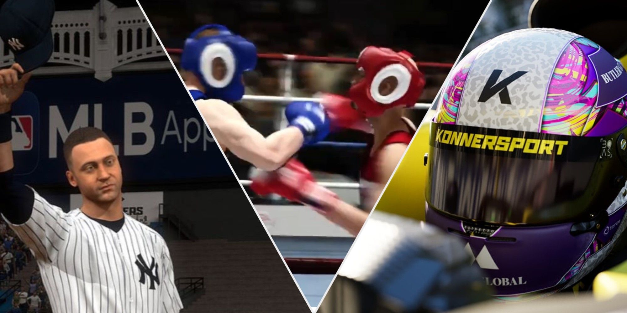 A split image showing career modes from MLB The Show 24, Fight Night Champion and F1 23