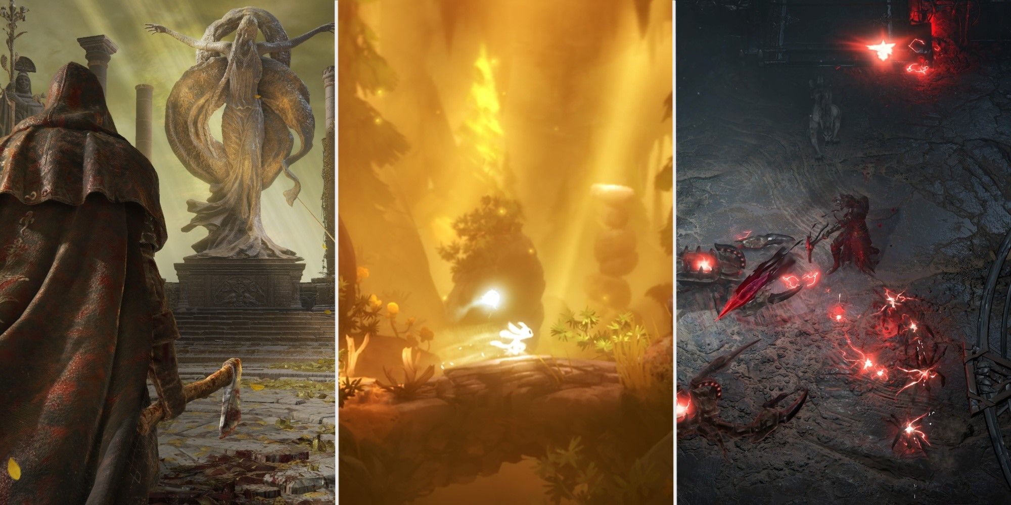 A split image showing Elden Ring, Ori And The Blind Forest and Diablo IV