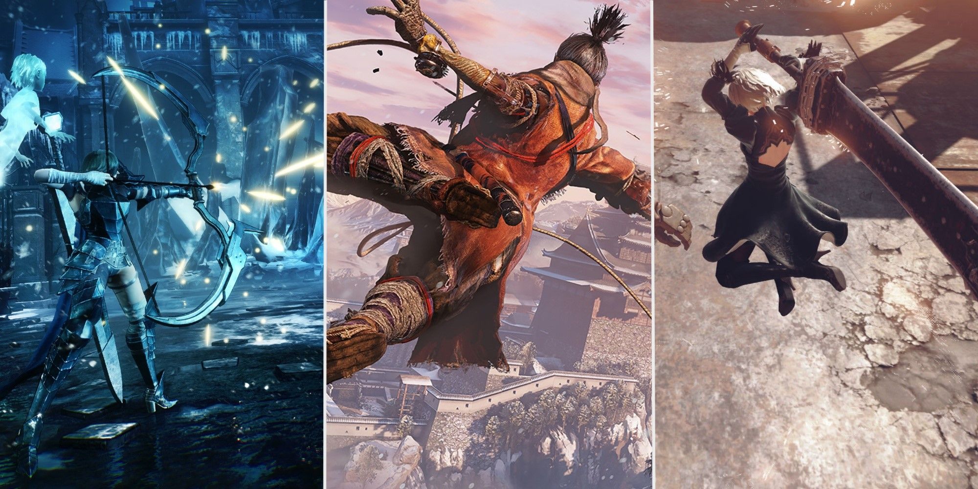 A split image showing Soulstice, Sekiro and Nier Automata