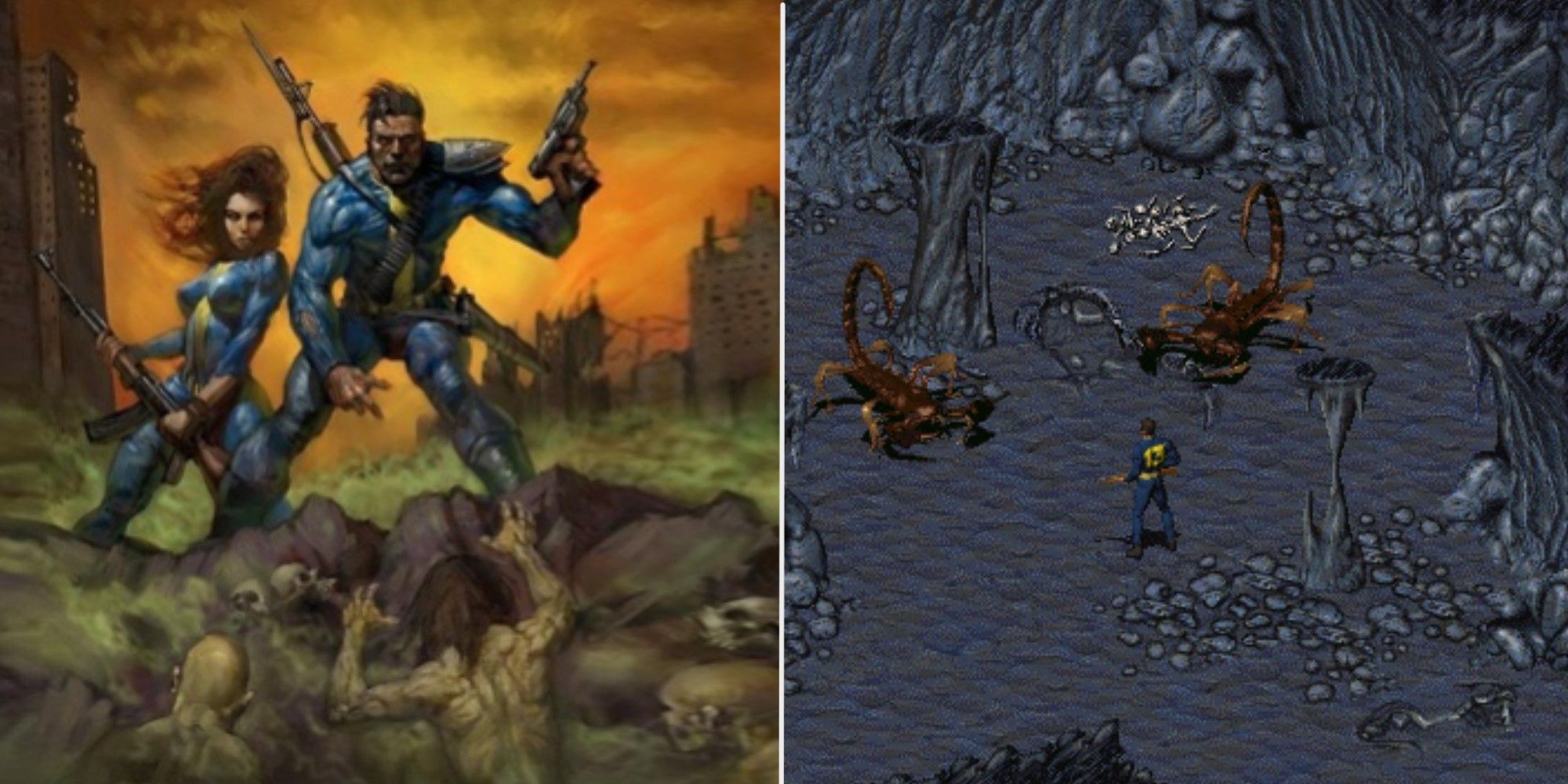 A split image showing the Fallout cover and some gameplay
