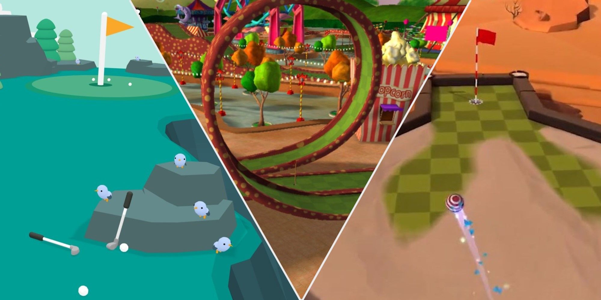 A split image showing What The Golf, 3D Ultra Minigolf Adventures and Golf Battle