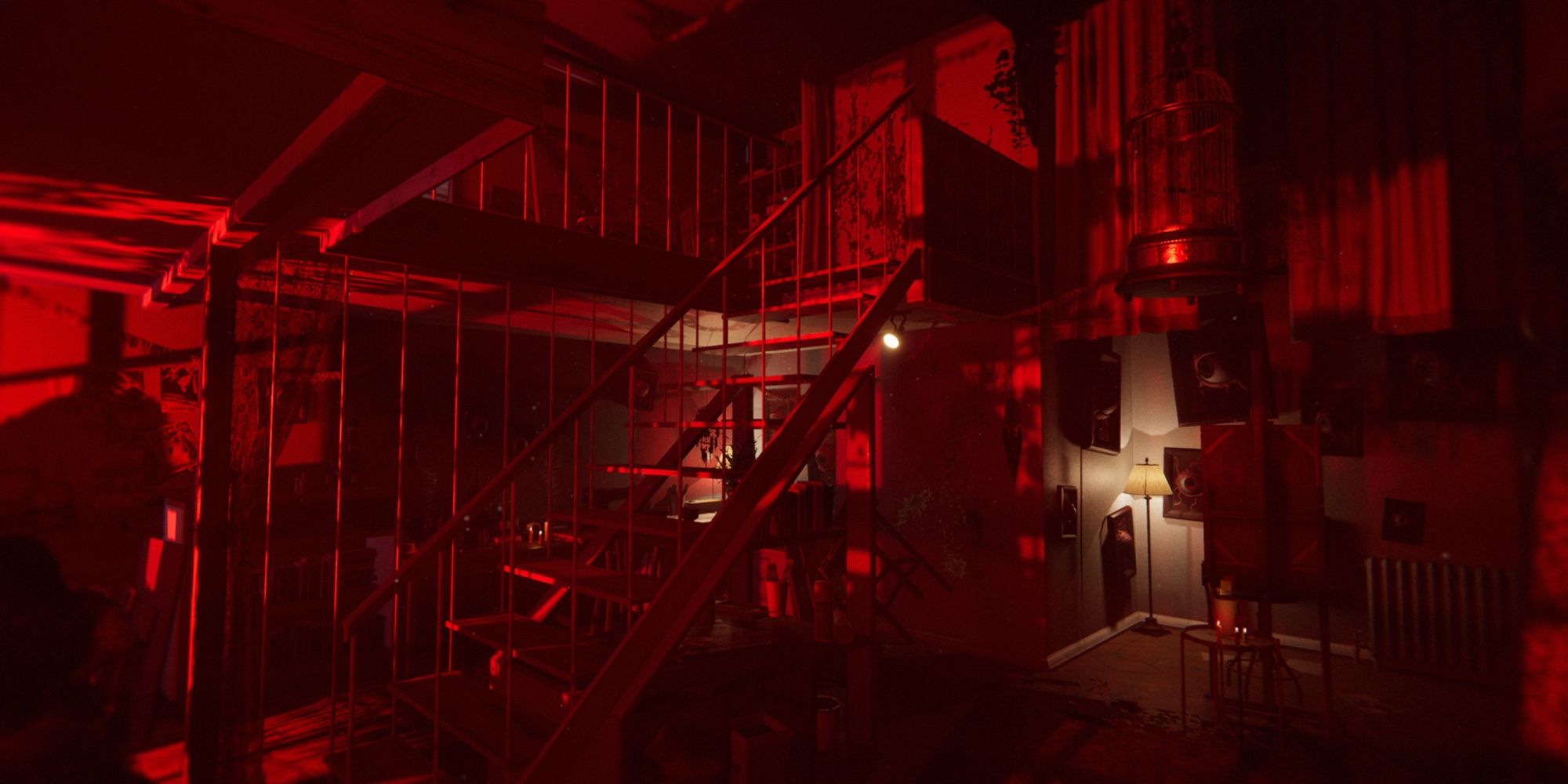 A staircase bathed in red light in Reveil.