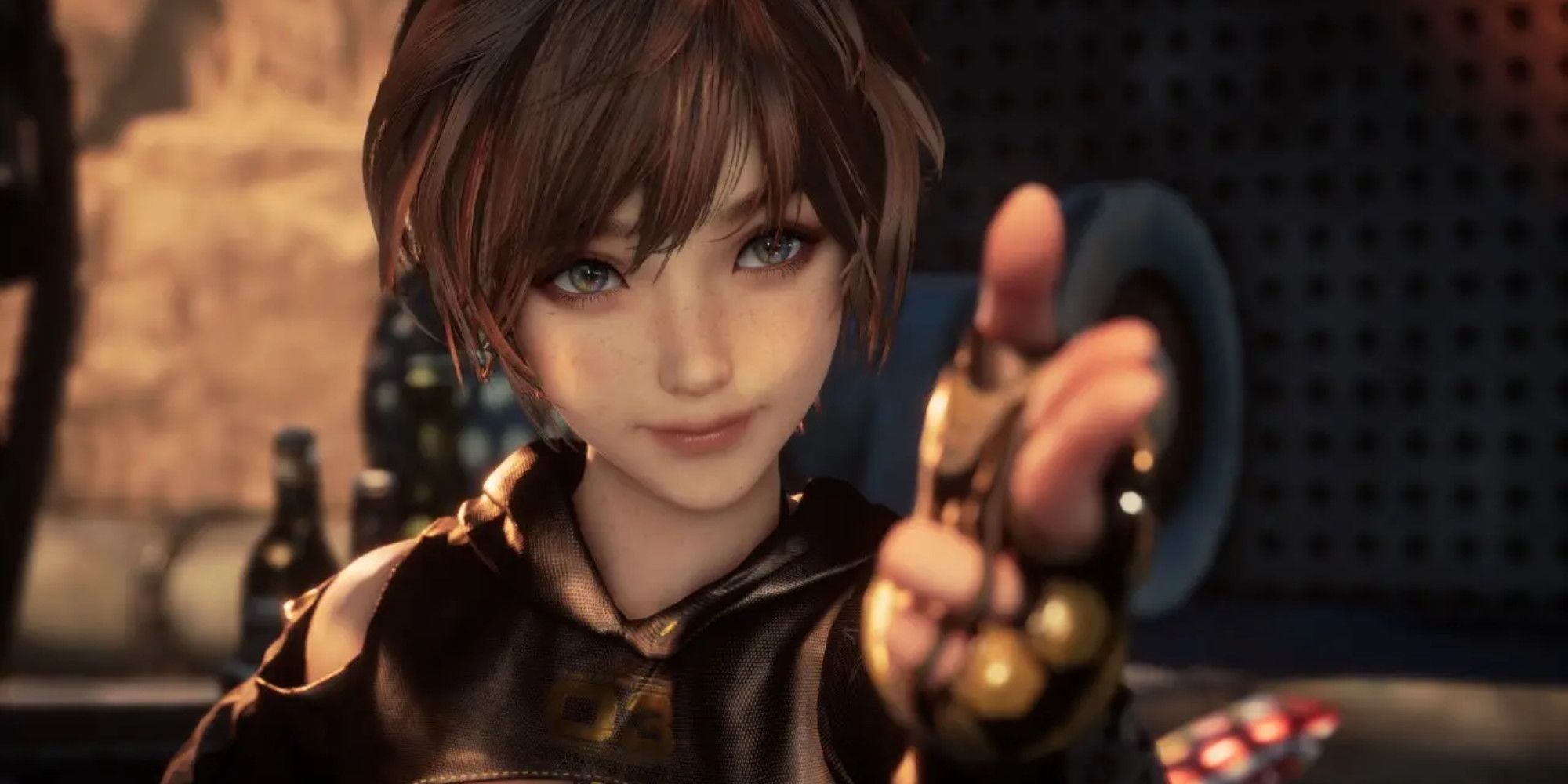 A young girl with short brown hair pointing at the screen with her hand in the shape of a gun