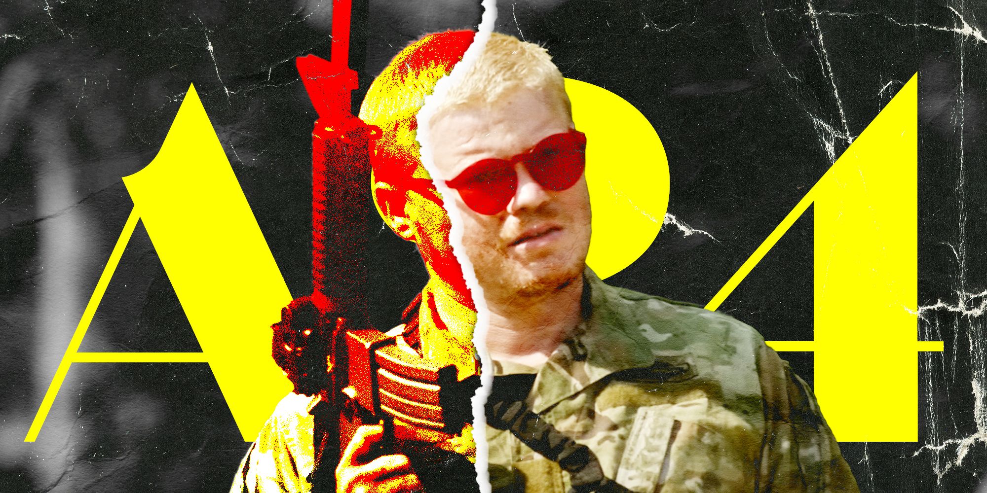 Jesse Plemons holding a machine gun in Civil War with the A24 logo behind him in yellow on a black background. There is a crack running down the image.