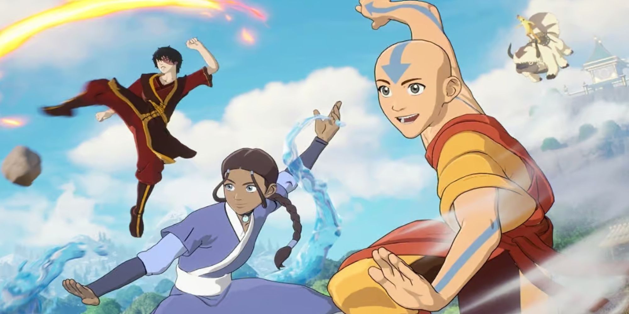 Aang, Zuko, and Katara from Avatar all bending with Peely flying Appa in the background