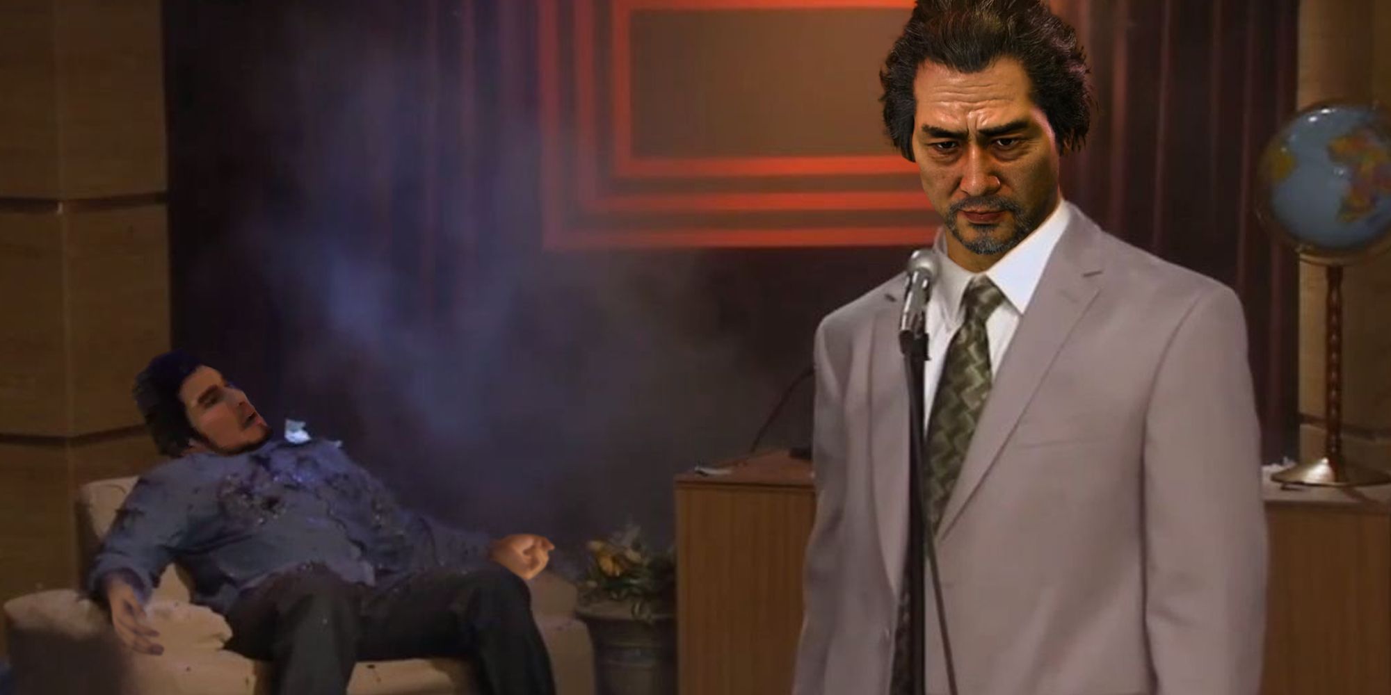 Eric Andre Show 'why would X do that' meme after gunshot, with Adachi and Ichiban