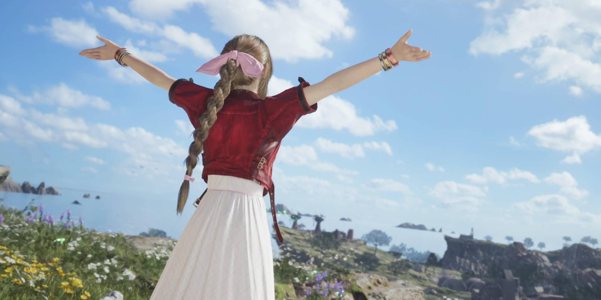 Aerith looking out over the Grasslands in Final Fantasy 7 Rebirth