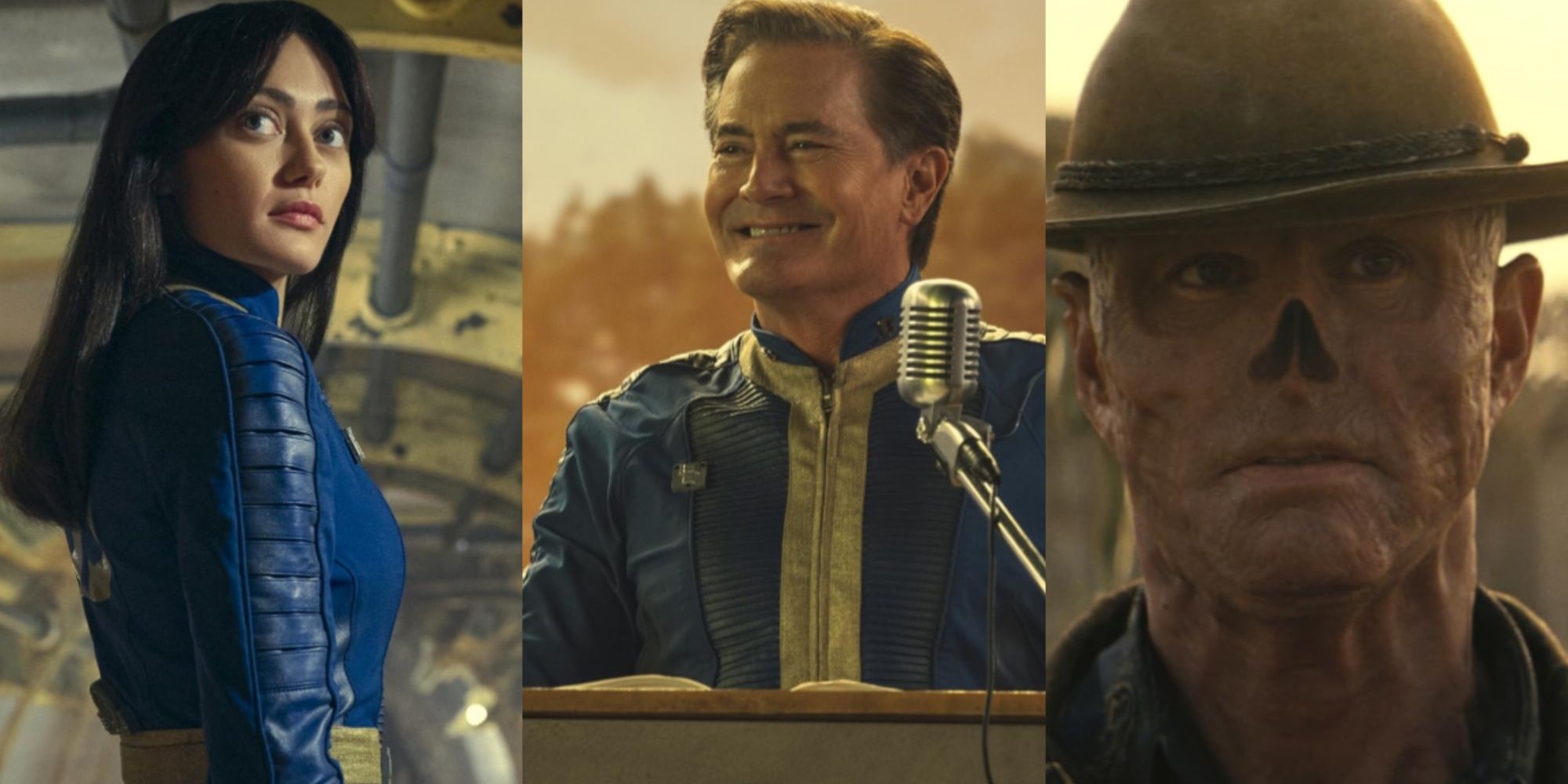 Three-image collage of Ella Purnell as Lucy in Fallout, Kyle MacLachlan as Lucy's dad Hank, and Walton Goggins as a Ghoul.