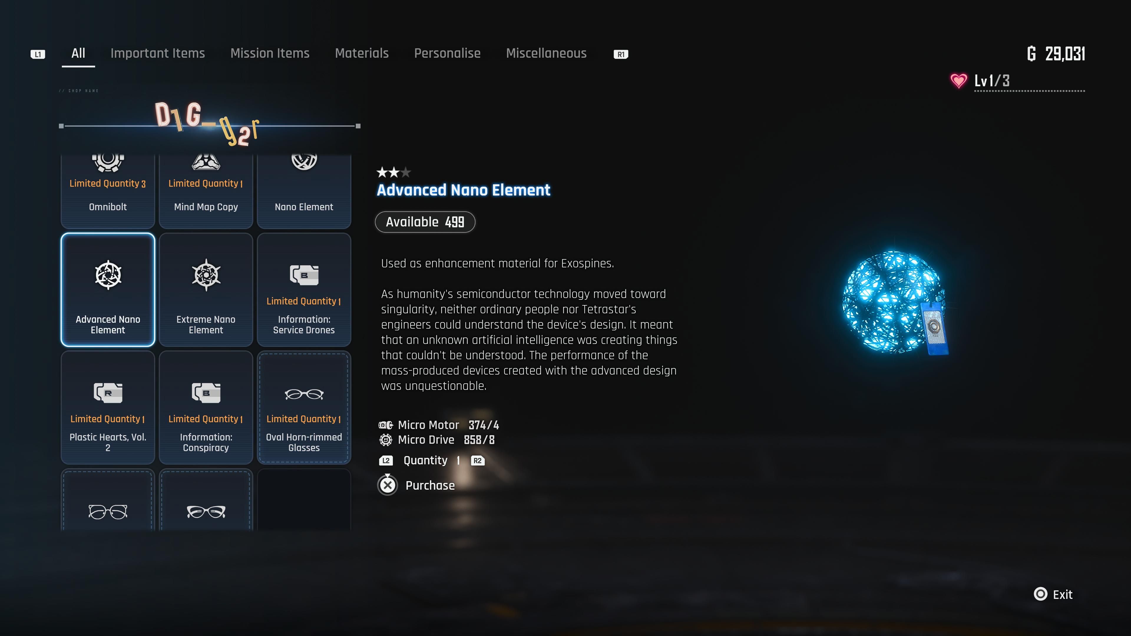 All Nano Element types are for sale at Digger shop - Stellar Blade