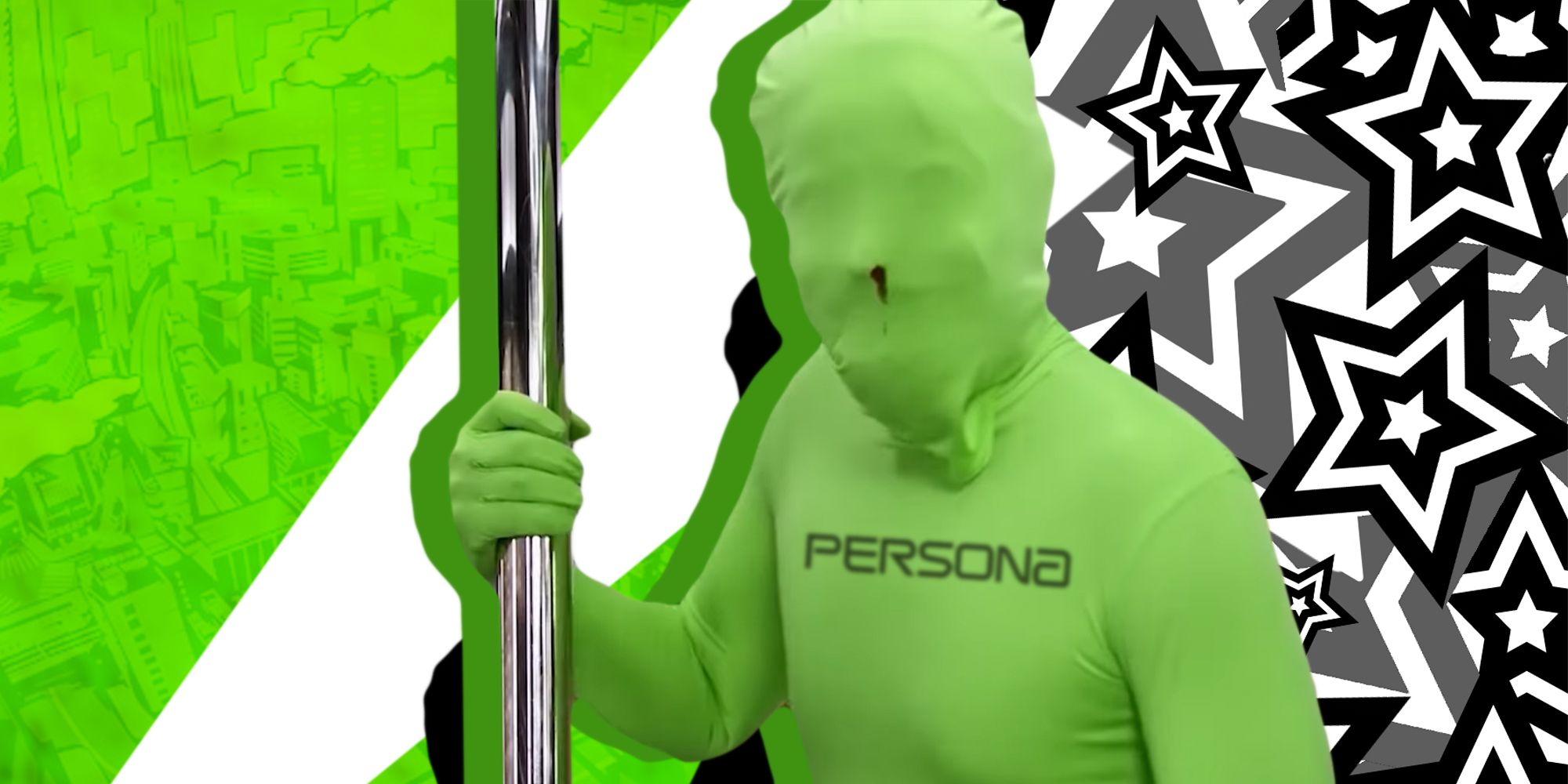 Always Sunny's Green Man with Persona stars in the background