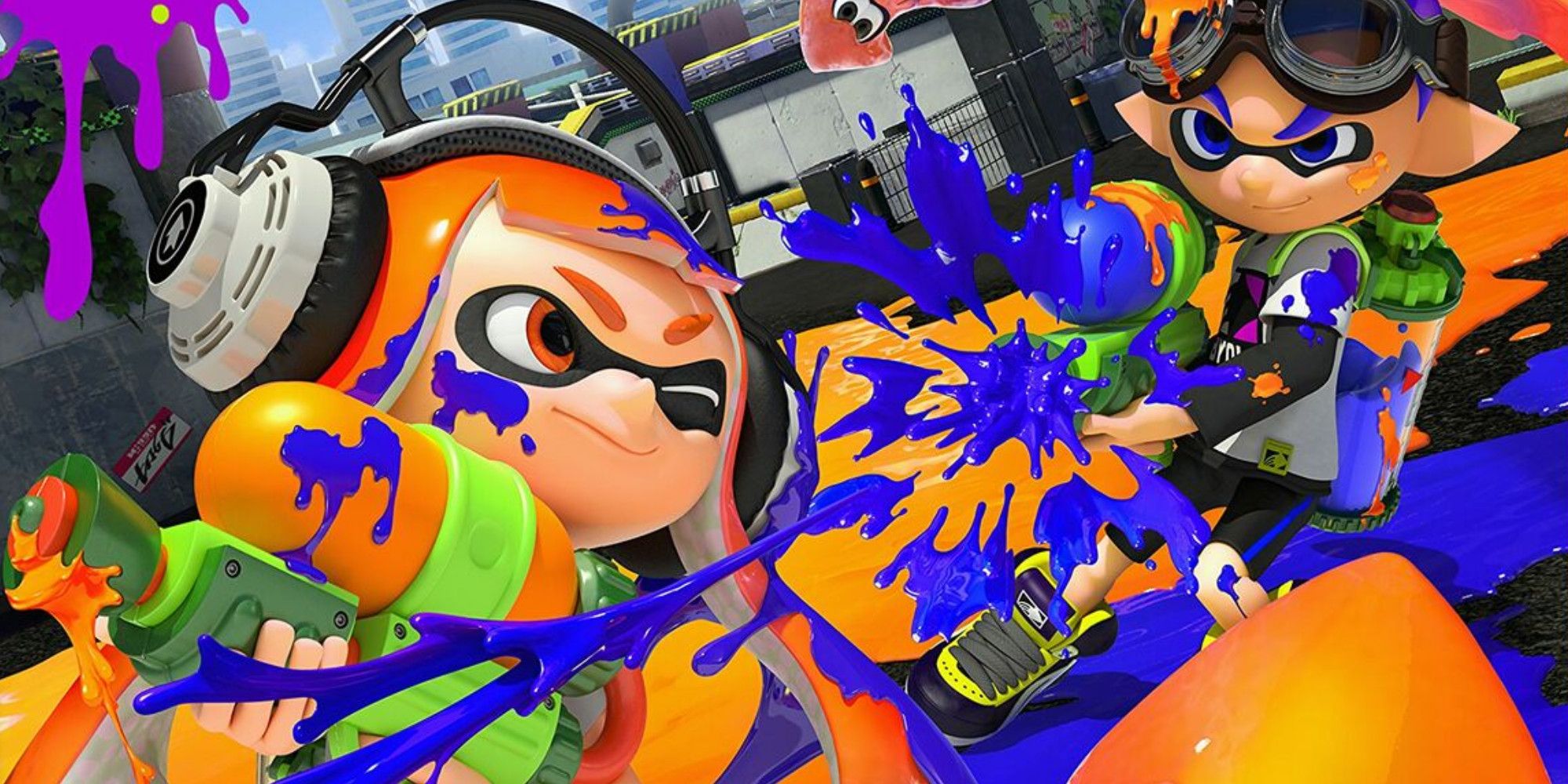 An orange and a blue Inkling shooting ink at each other