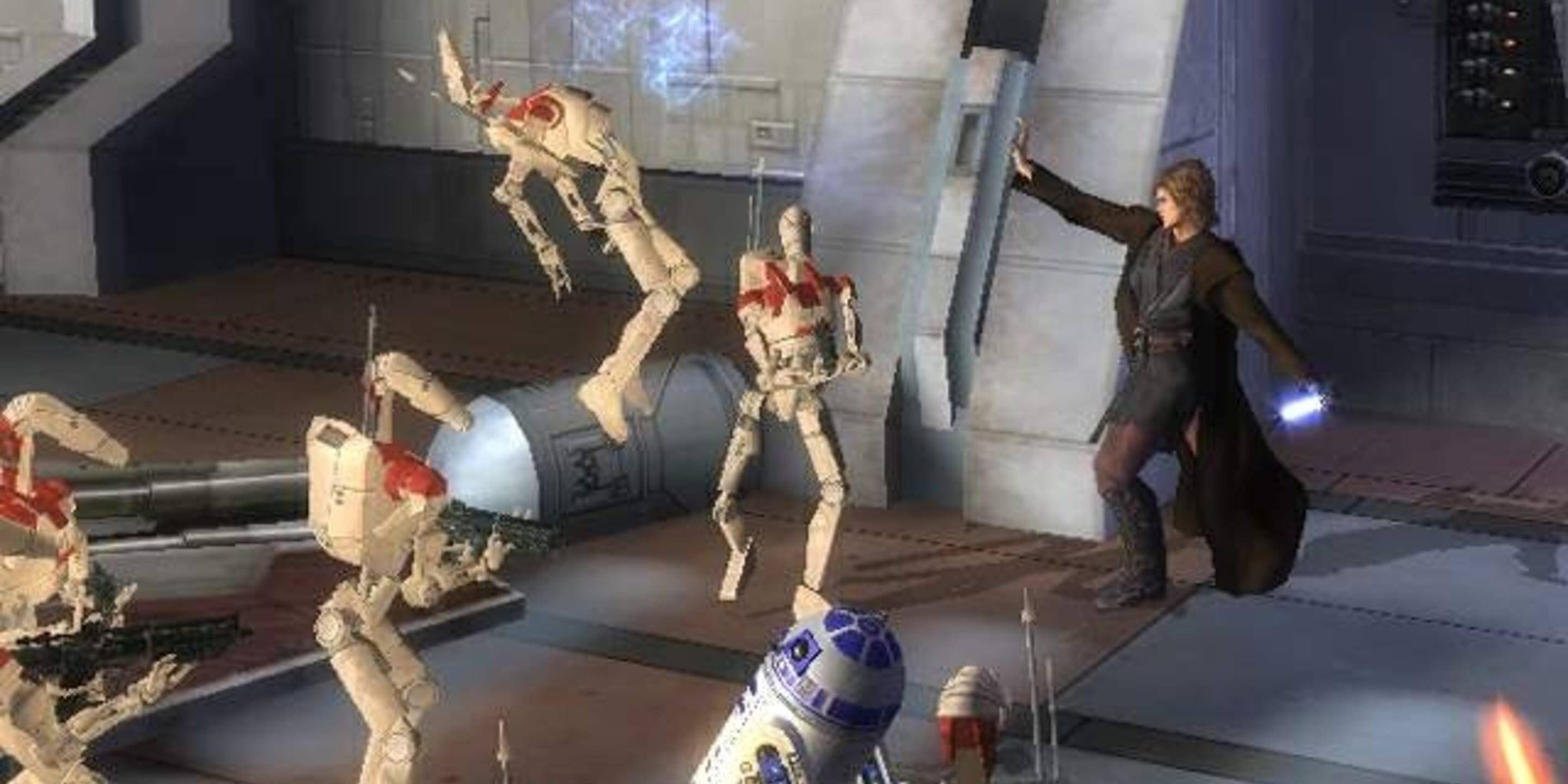 Anakin Skywalker fighting off battle droids with R2-D2 in the Star Wars Episode III Revenge of the Sith video game