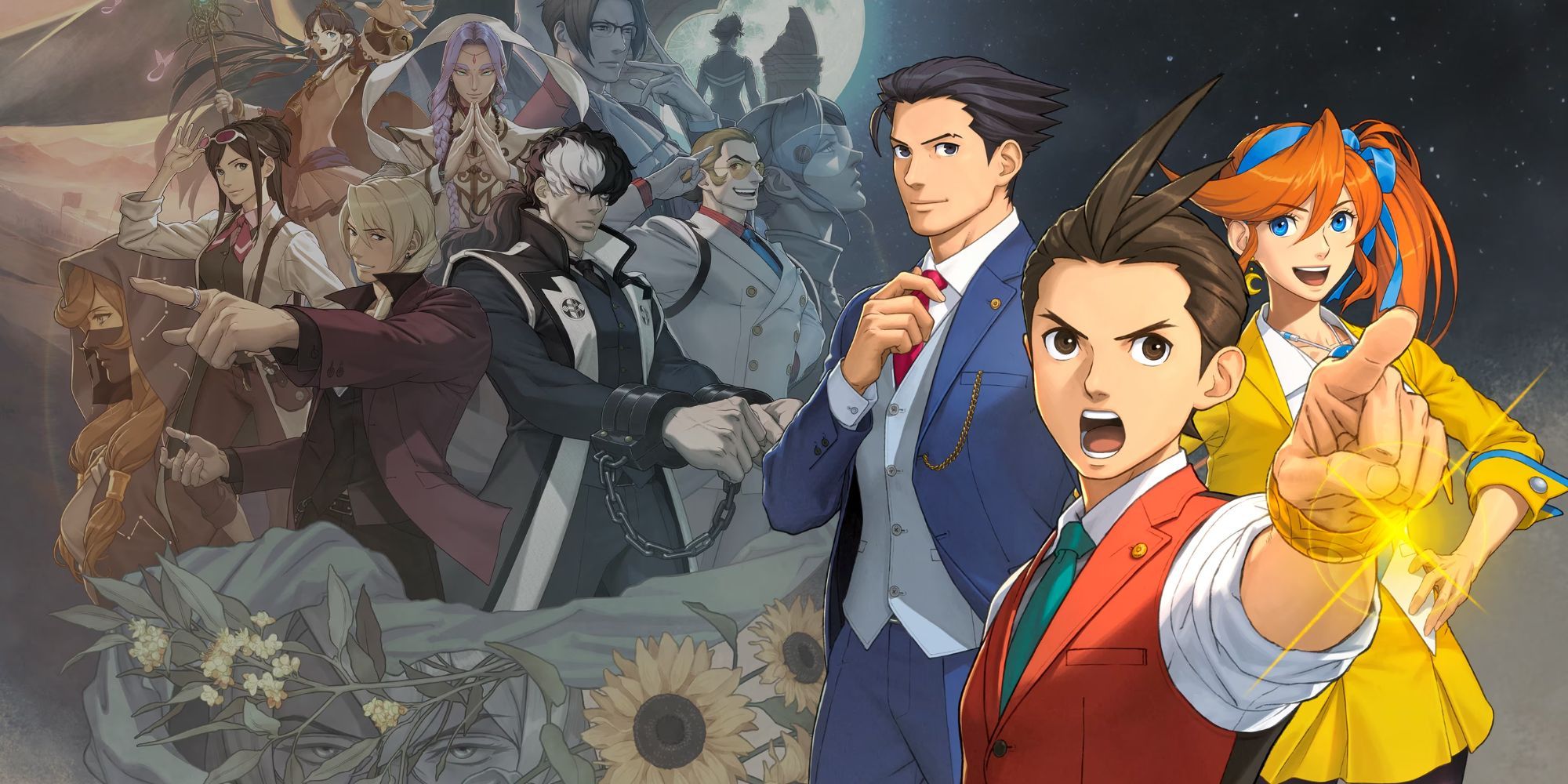 Apollo Justice, Phoenix Wright, and Athena Sykes stand beside the cast of the Apollo Justice trilogy