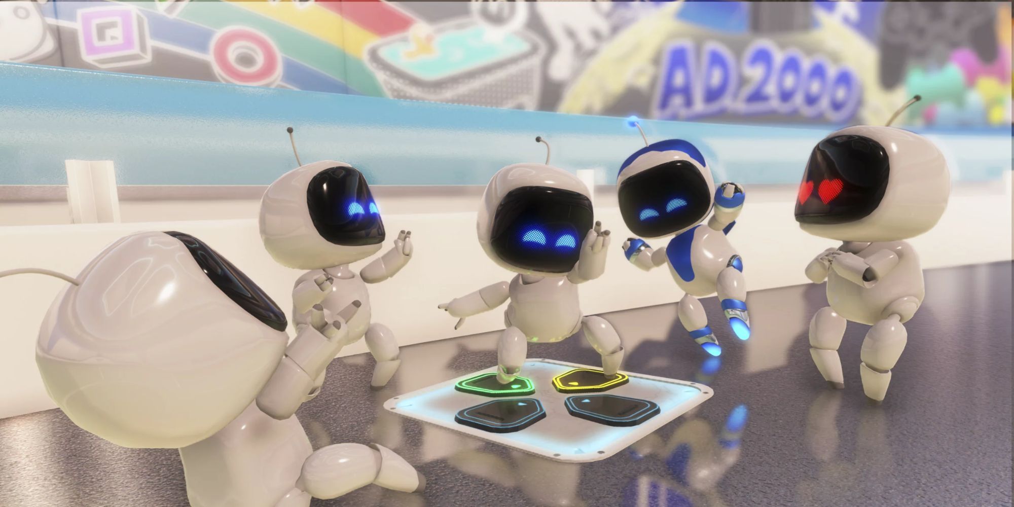 Several Astro Bots dancing in Astro's Playroom.