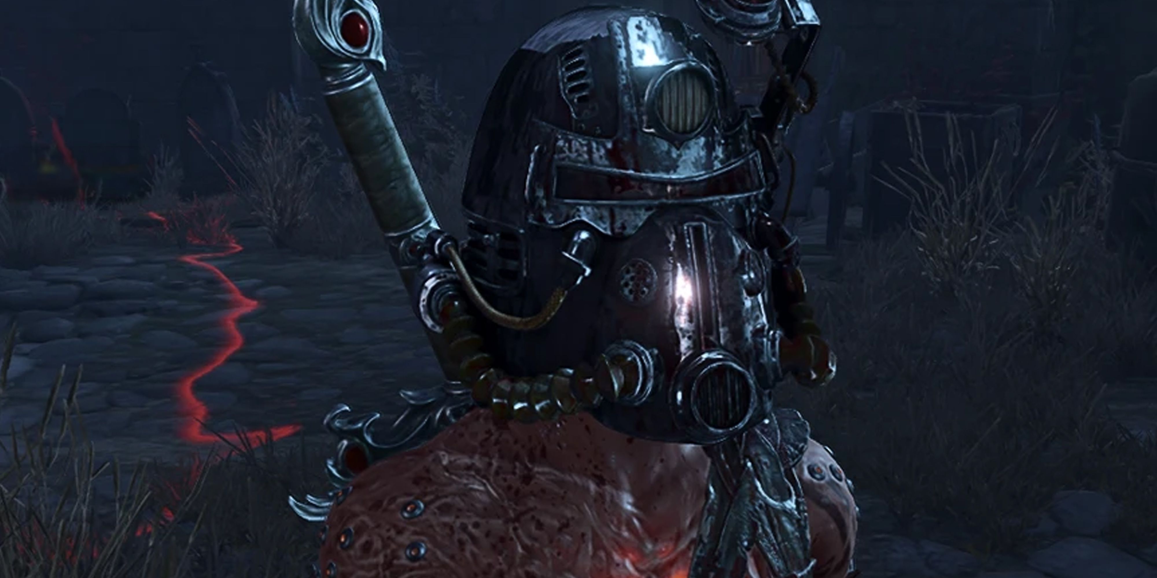Baldurs Gate 3 Karlach wearing a power armour helmet from Fallout