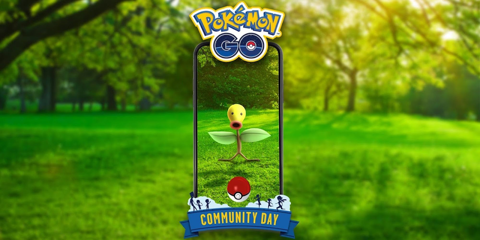 Image of Bellsprout in a Community Day frame with a grassy field in the background
