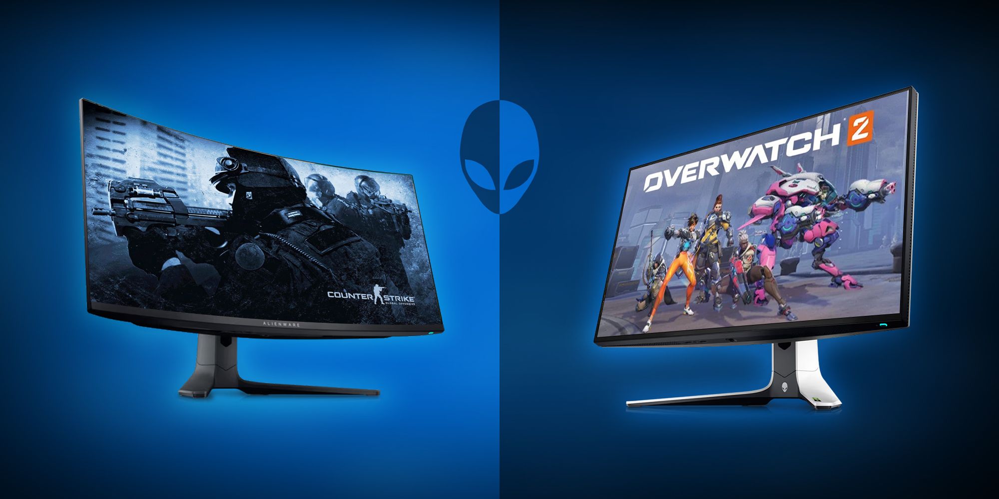 Image of two alienware gaming monitors, AW2723DF and AW3423DWF side-by-side. 