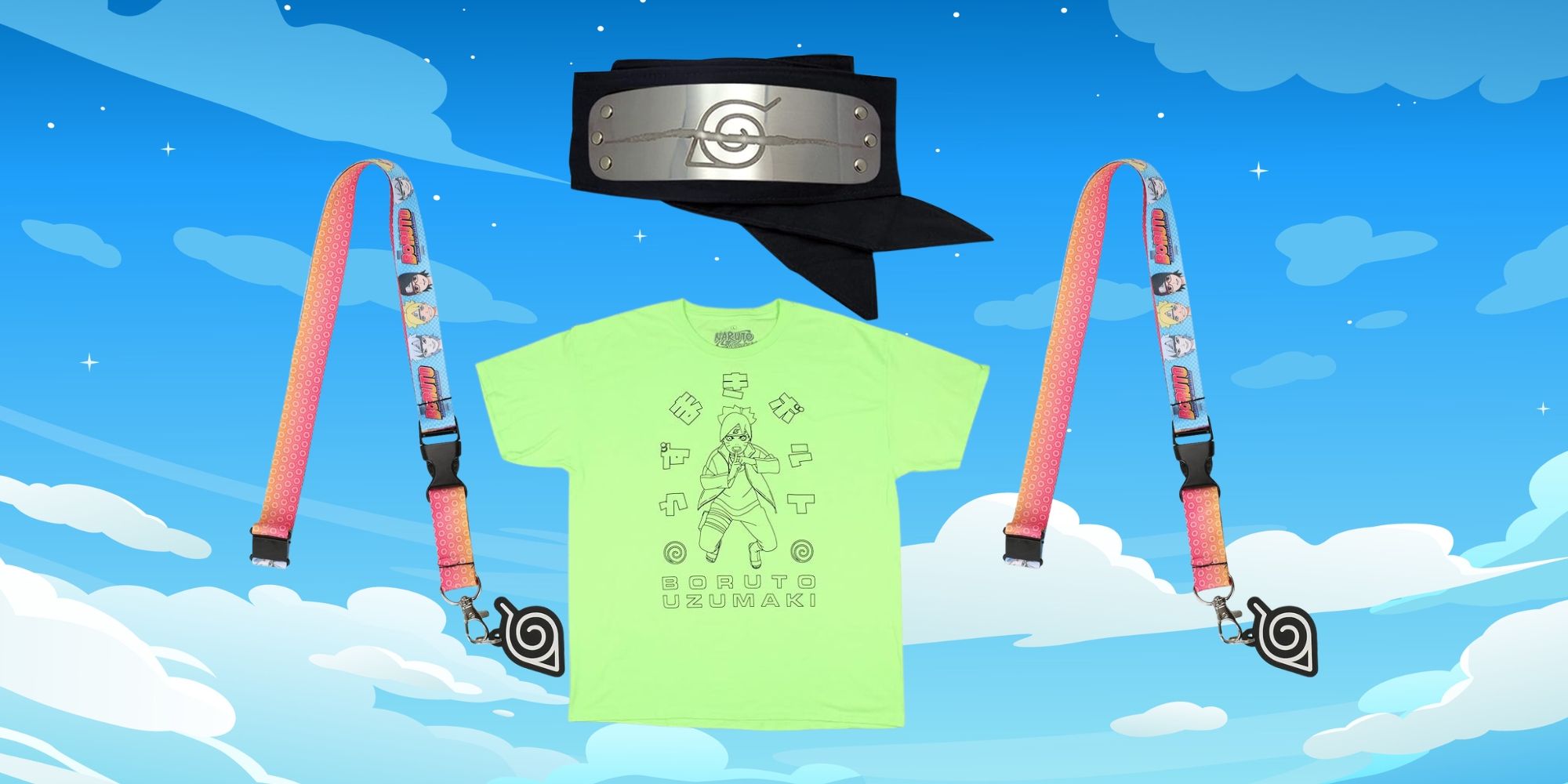 Best Boruto Apparel with an image of two Boruto lanyards, a t-shirt of Boruto in green, and the leaf village headband