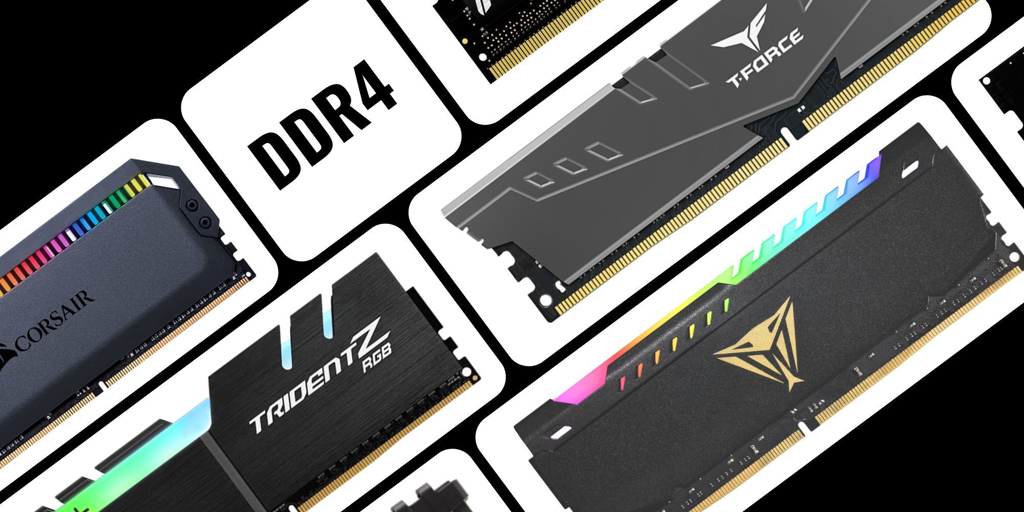 Photo collage of DDR4 RAMs including CORSAIR Dominator Platinum RGB, Patriot Memory Viper Steel RGB, TEAMGROUP T-Force Vulcan Z and others. 