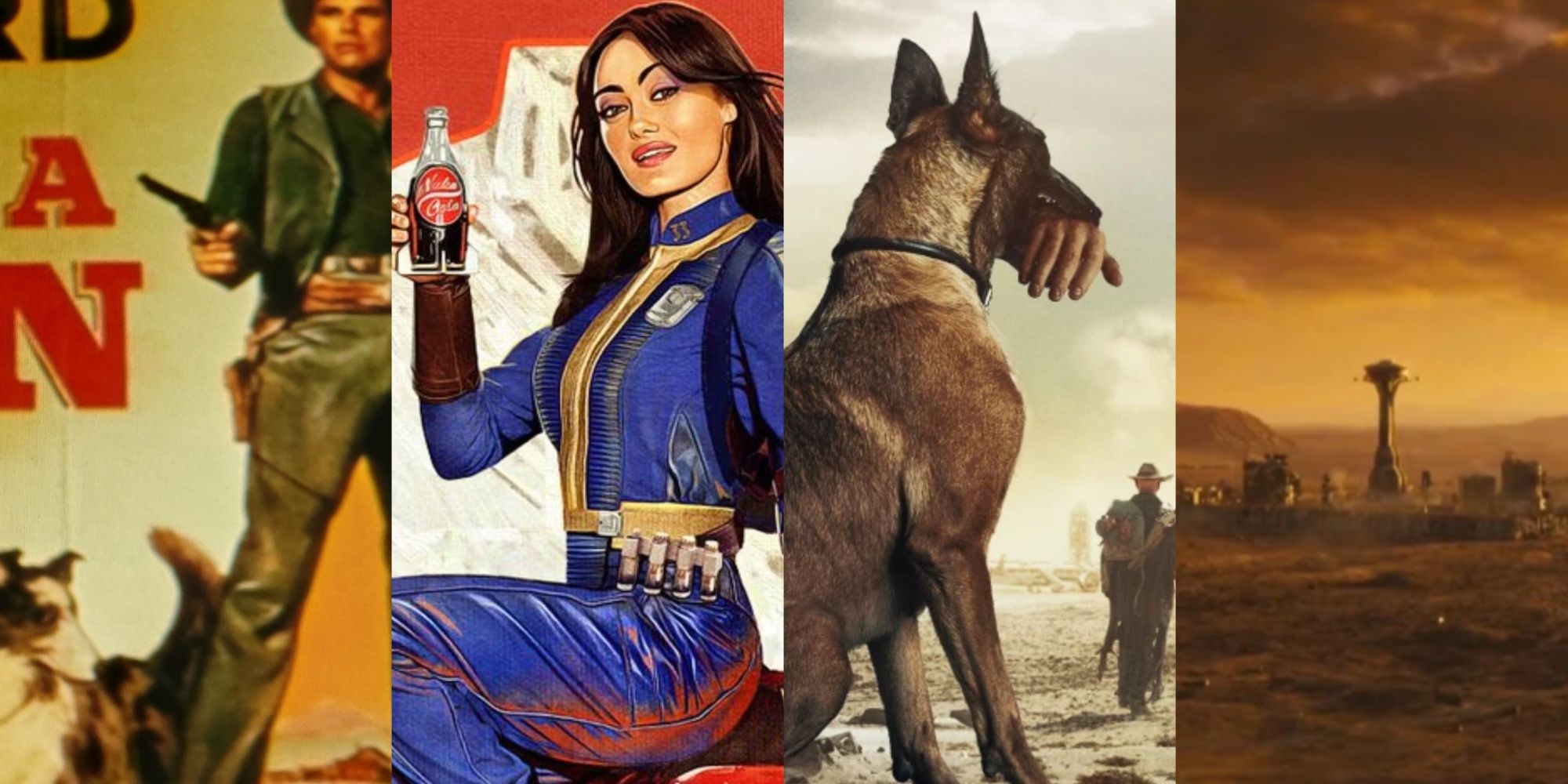 Four-image collage of Cooper Howard and his dog on a movie poster, Lucy holding a Nuka-Cola drink, Dogmeat with a hand in his mouth as The Ghoul walks in the distance, and Fallout: New Vegas.
