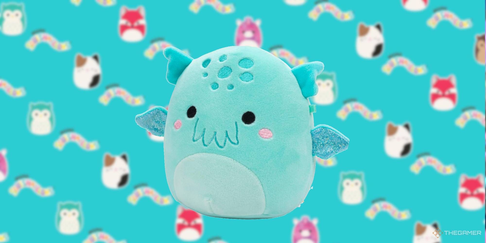 Theotto the Squishmallow superimposed over a background of other plushes