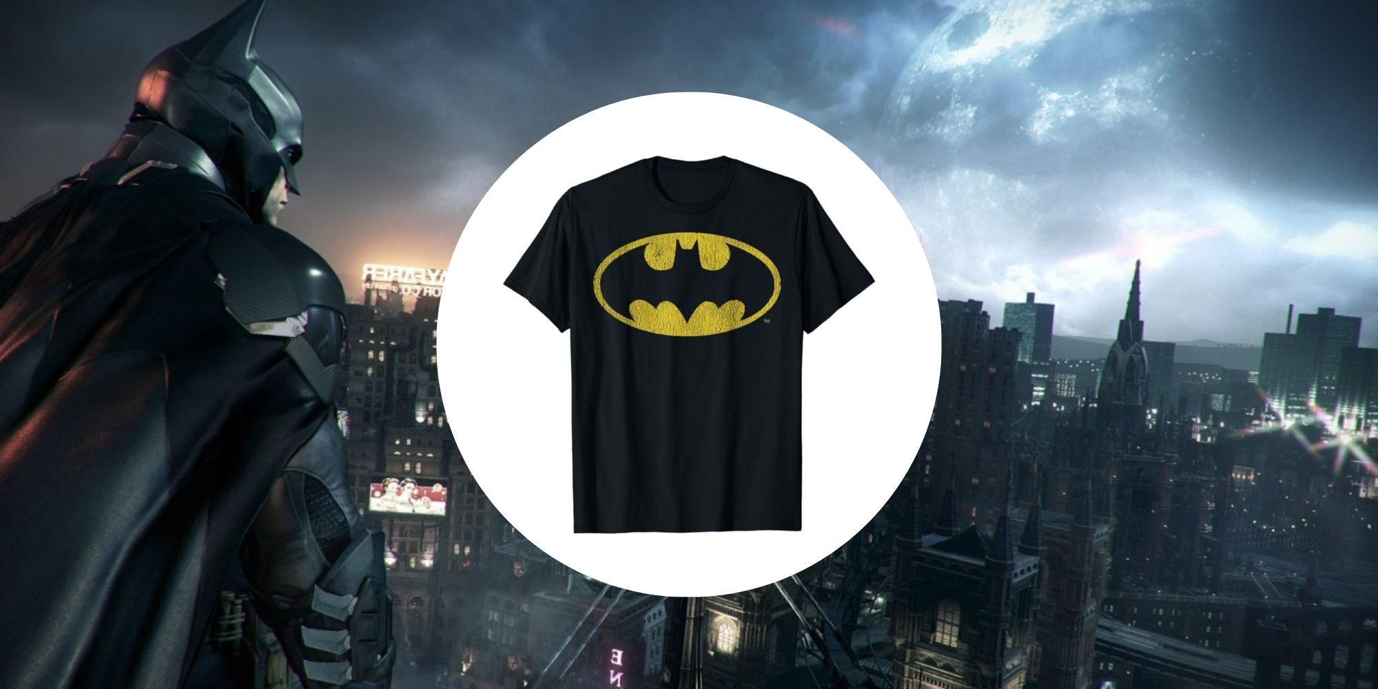 Best Superhero T-Shirts Featured Image Batman Arkham Gotham With Batman Shirt In Circle