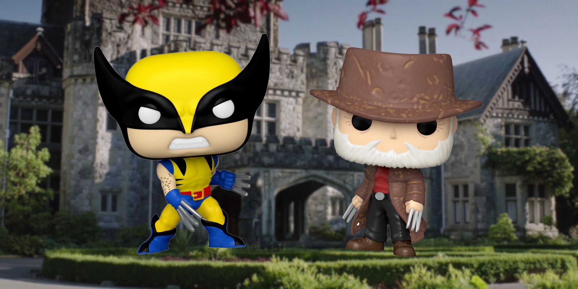 Best Wolverine Funko Pops Featured Image Classic Wolverine and Old Man Logan Funko Pops in front of X-Mansion