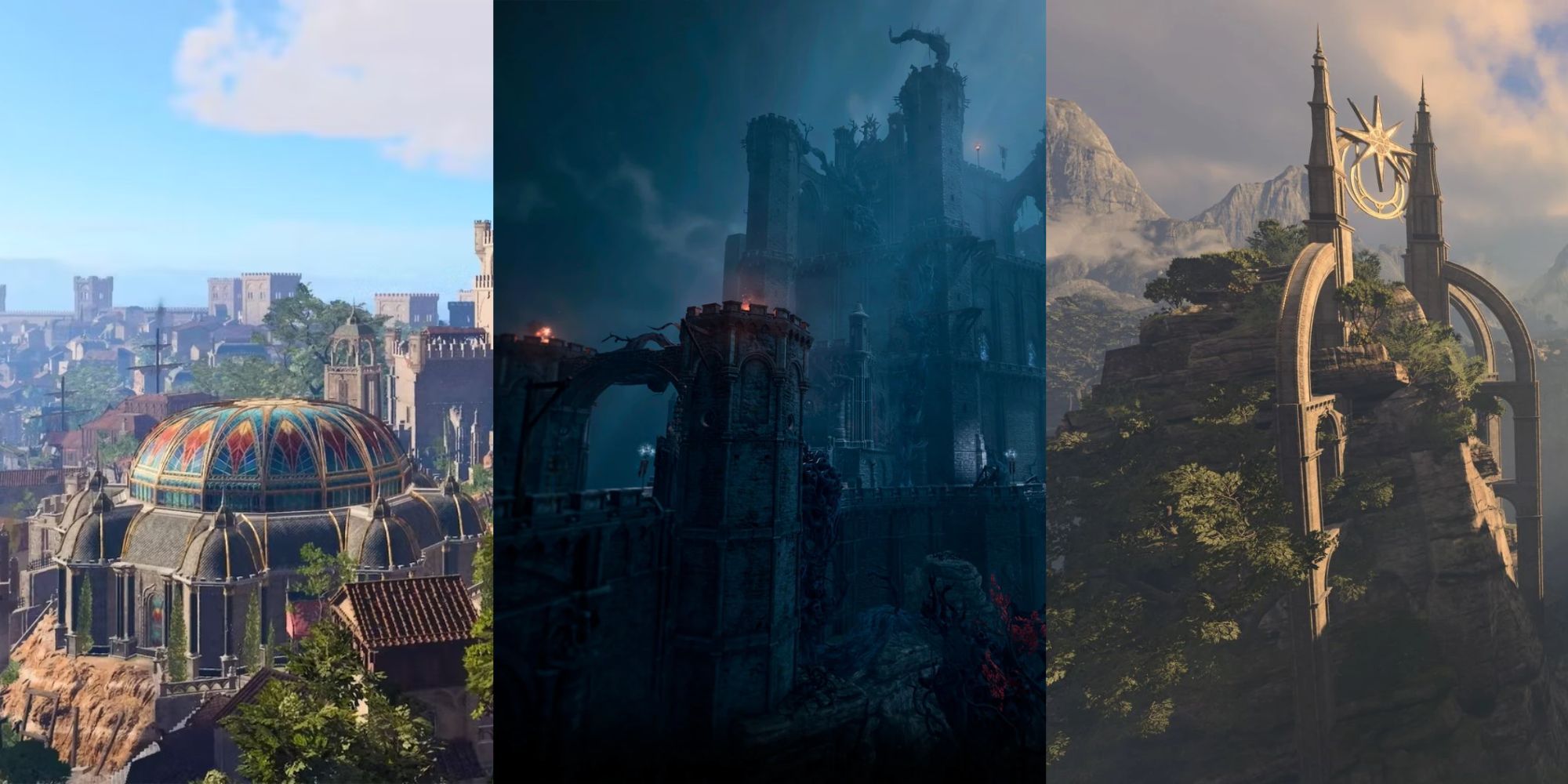 Split Images of Baldur's Gate, Moonrise Towers, and Rosymorn Monastery in Baldur's Gate 3.