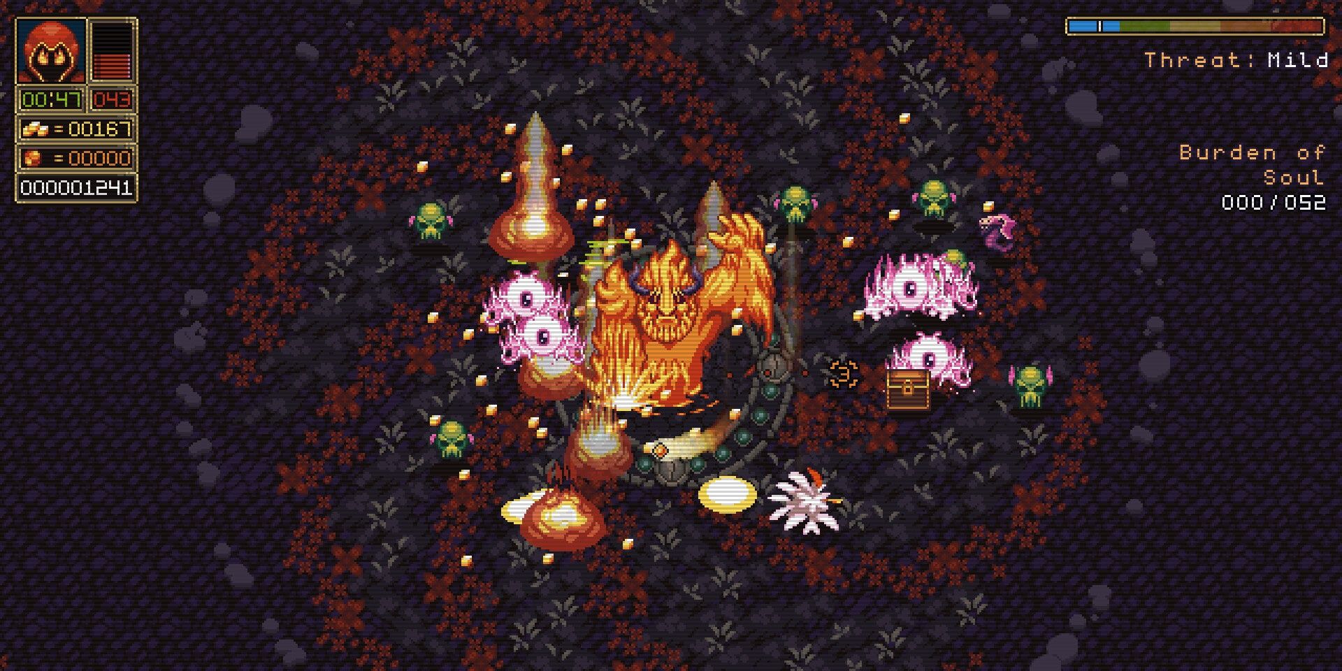 Fire Mage برای اعزام دشمنان خود ، مجموعه ای از جمجمه های Flying Cthulu در Boons & Bourdens ، روحیه آتش را احضار می کند.