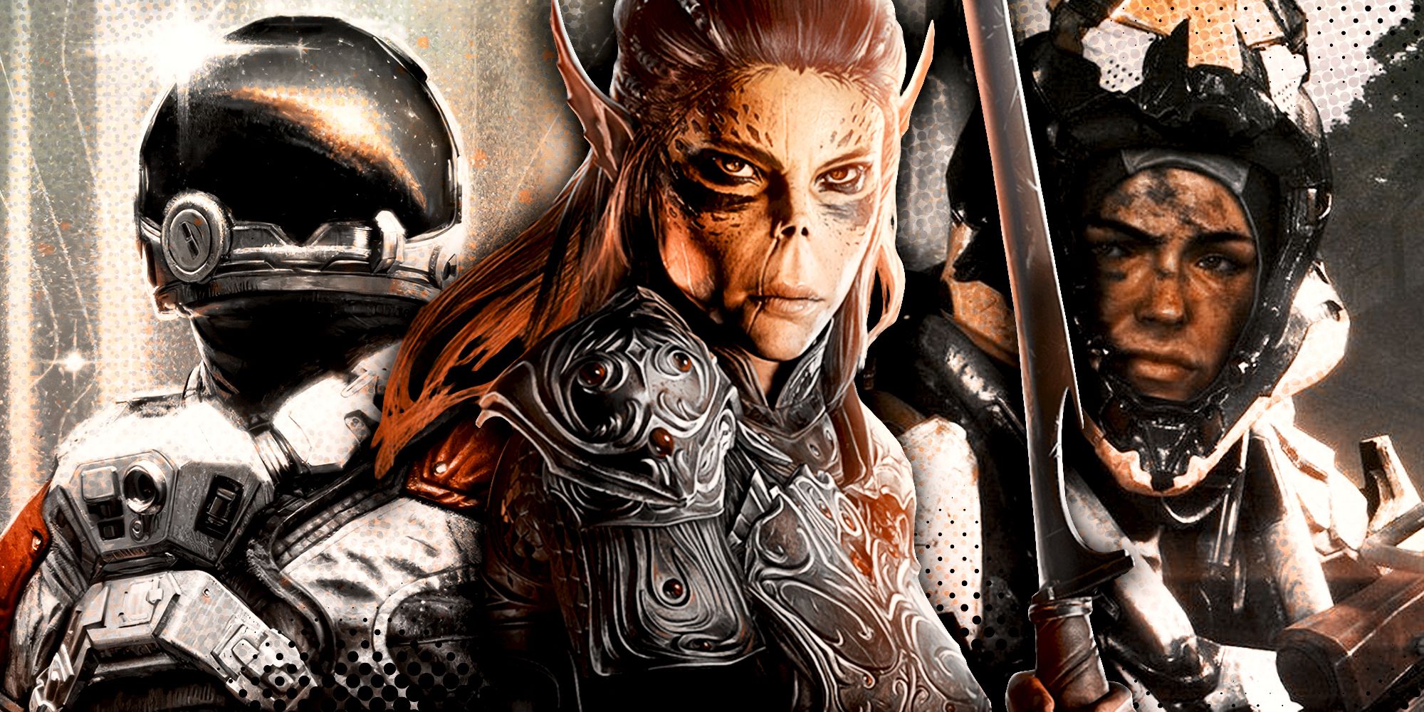 Lae'zel from Baldur's Gate 3 in the center of a split image with characters from Starfield and Anthem on the sides.