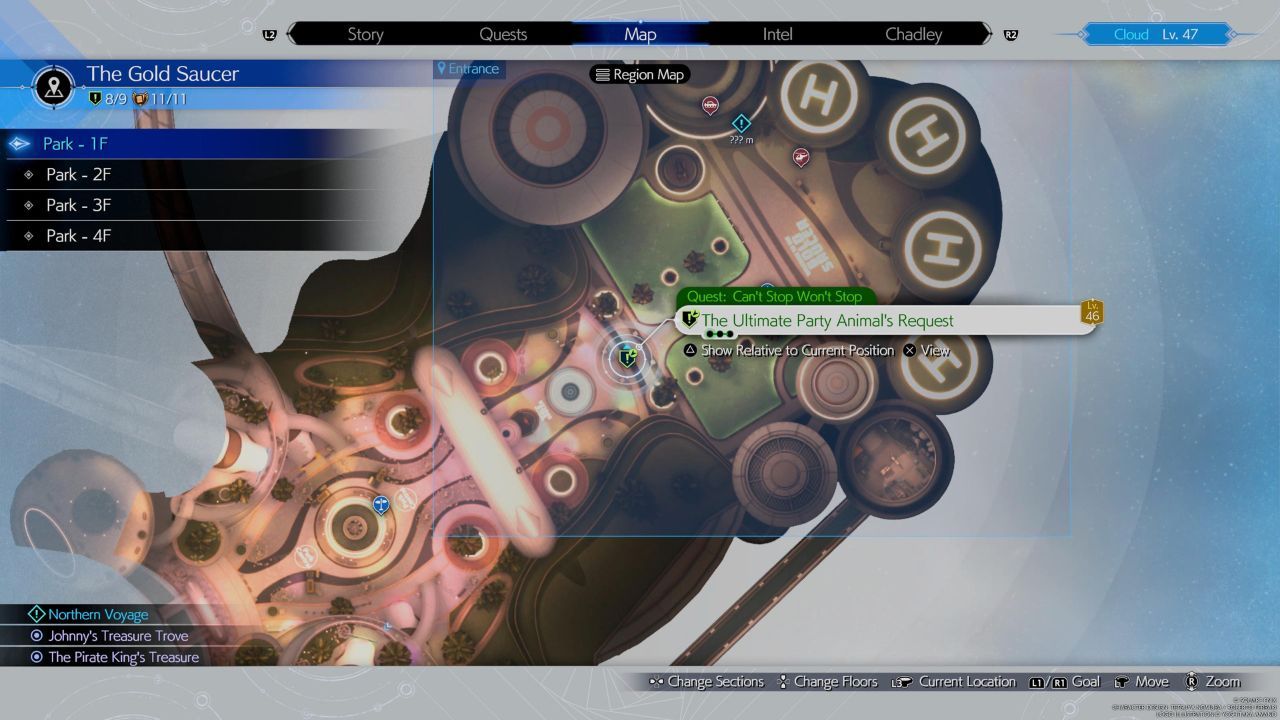 The location of the Can&rsquo;t Stop Won&rsquo;t Stop side quest at the Gold Saucer in Final Fantasy 7 Rebirth.