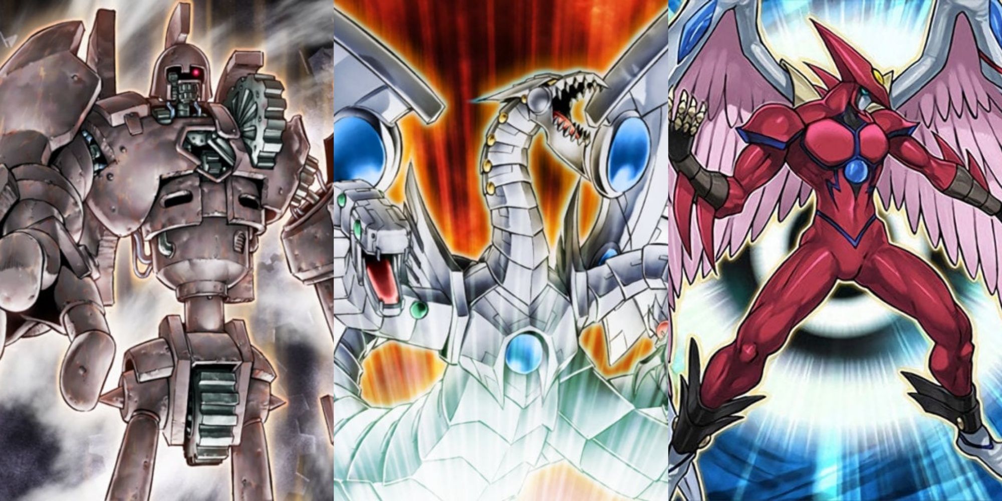 Card artworks for Ancient Gear Golem, Cyber End Dragon, and Elemental Hero Air Neos in Yu-Gi-Oh!