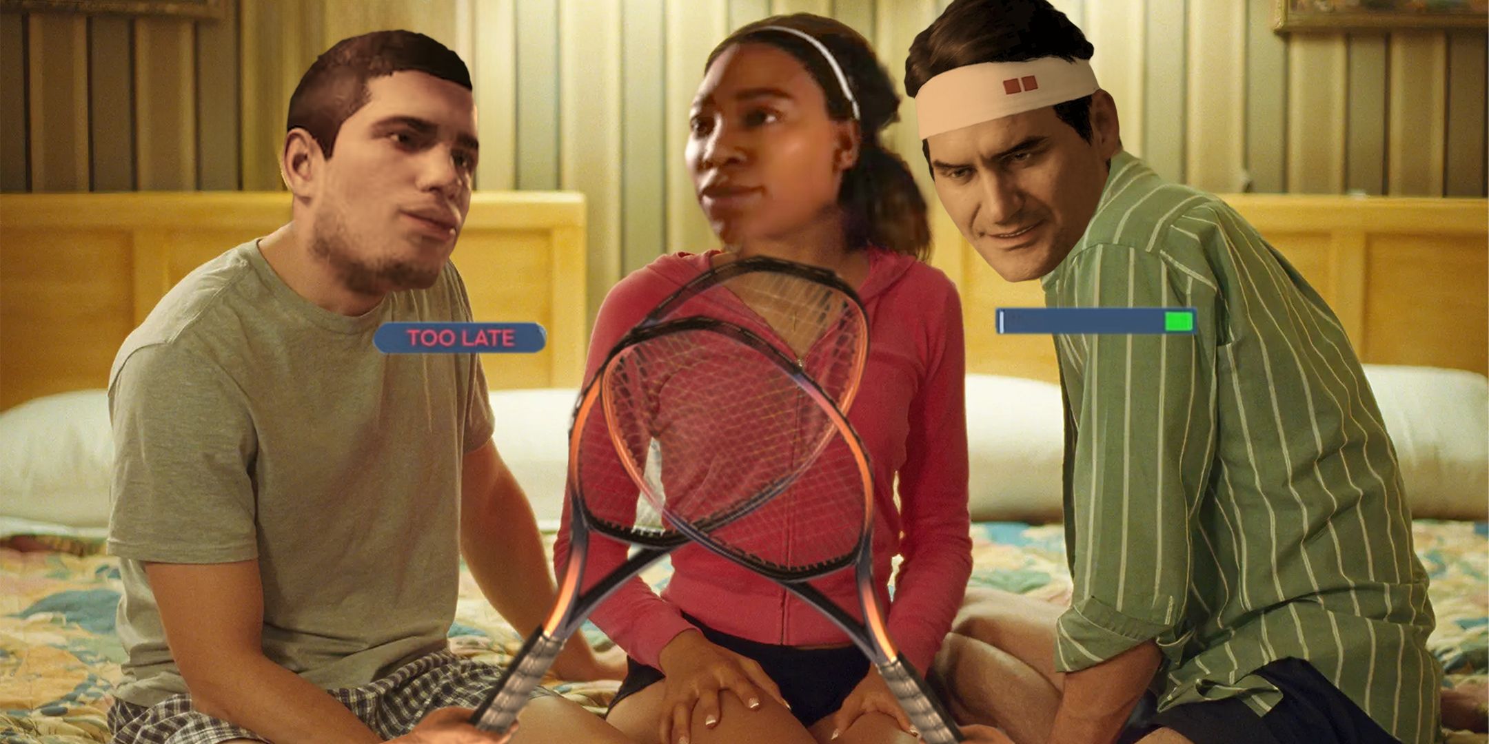 Challengers image of Art, Tashi, and Patrick on the bed with Carlos Alcaraz, Serena Williams, and Roger Federer's faces shopped in