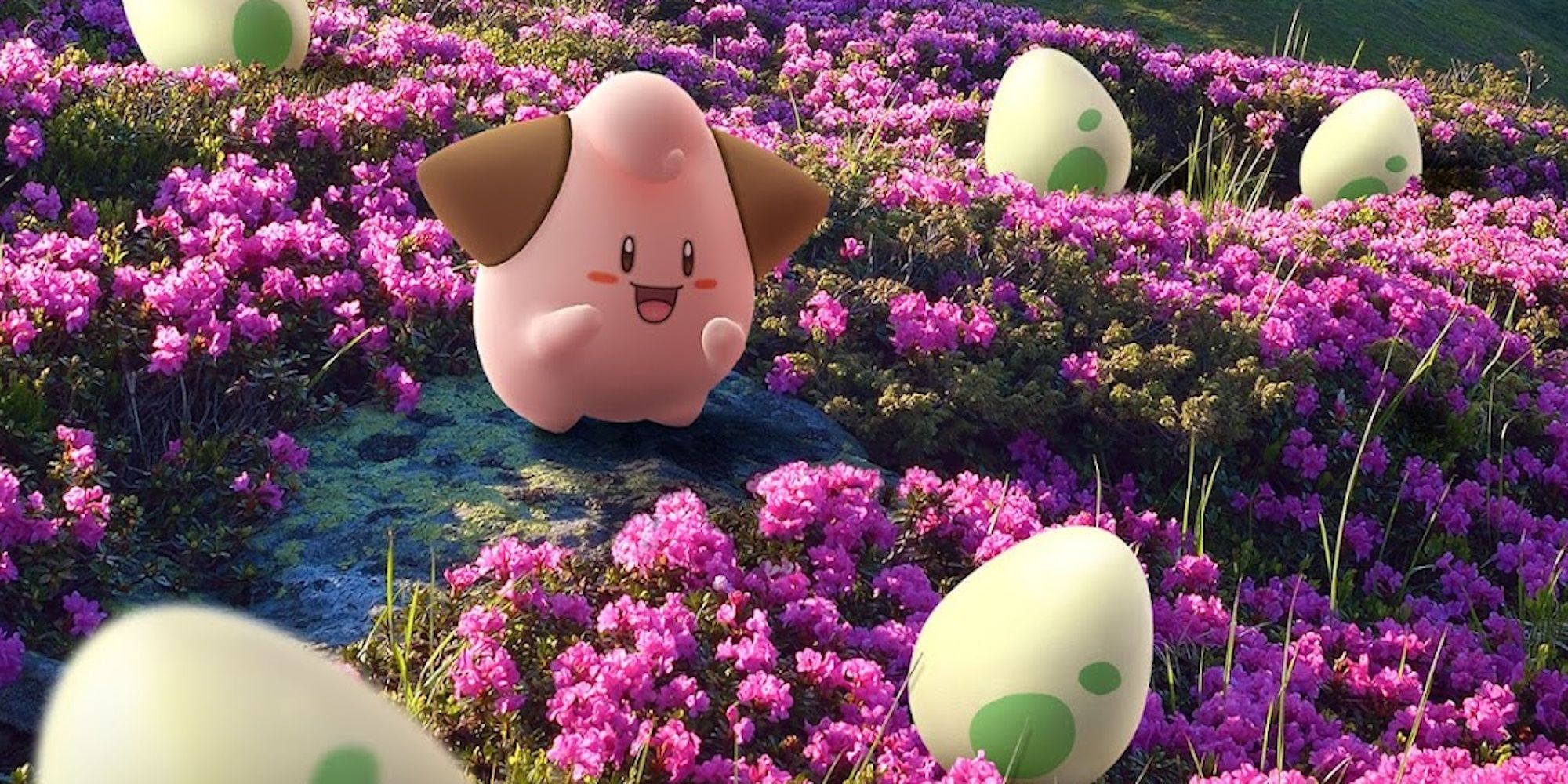 Image of Cleffa from Pokemon  in a flowery field surrounded by Pokemon Go Eggs