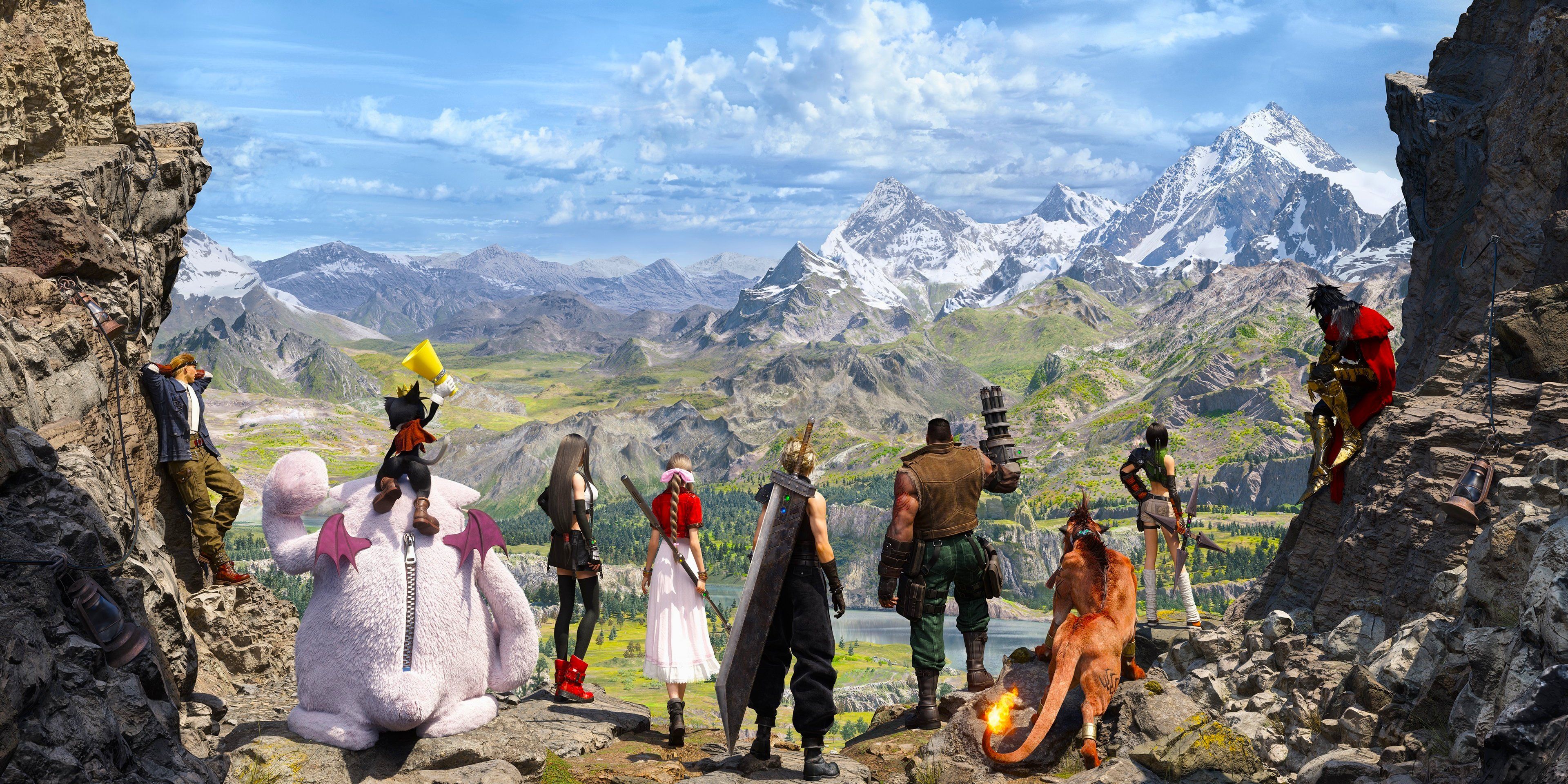 Cloud and his party looking out over a vast region in Final Fantasy 7 Rebirth