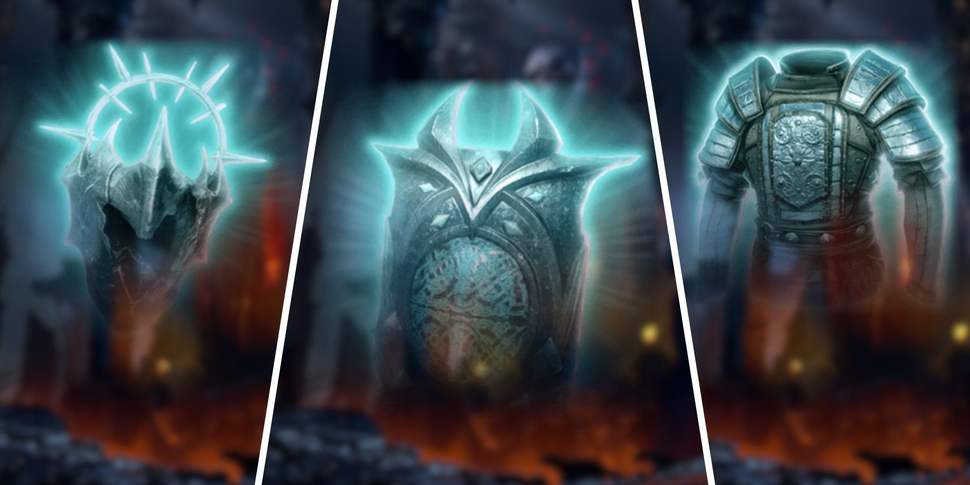 Adamantine Forge Items helm, shield and armor side by side from Baldur's Gate 3