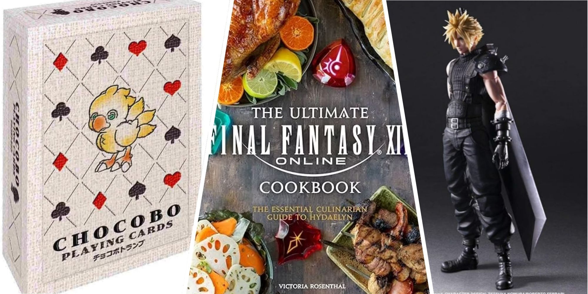 Chocobo playing cards FF 14 cookbook and Cloud action figure