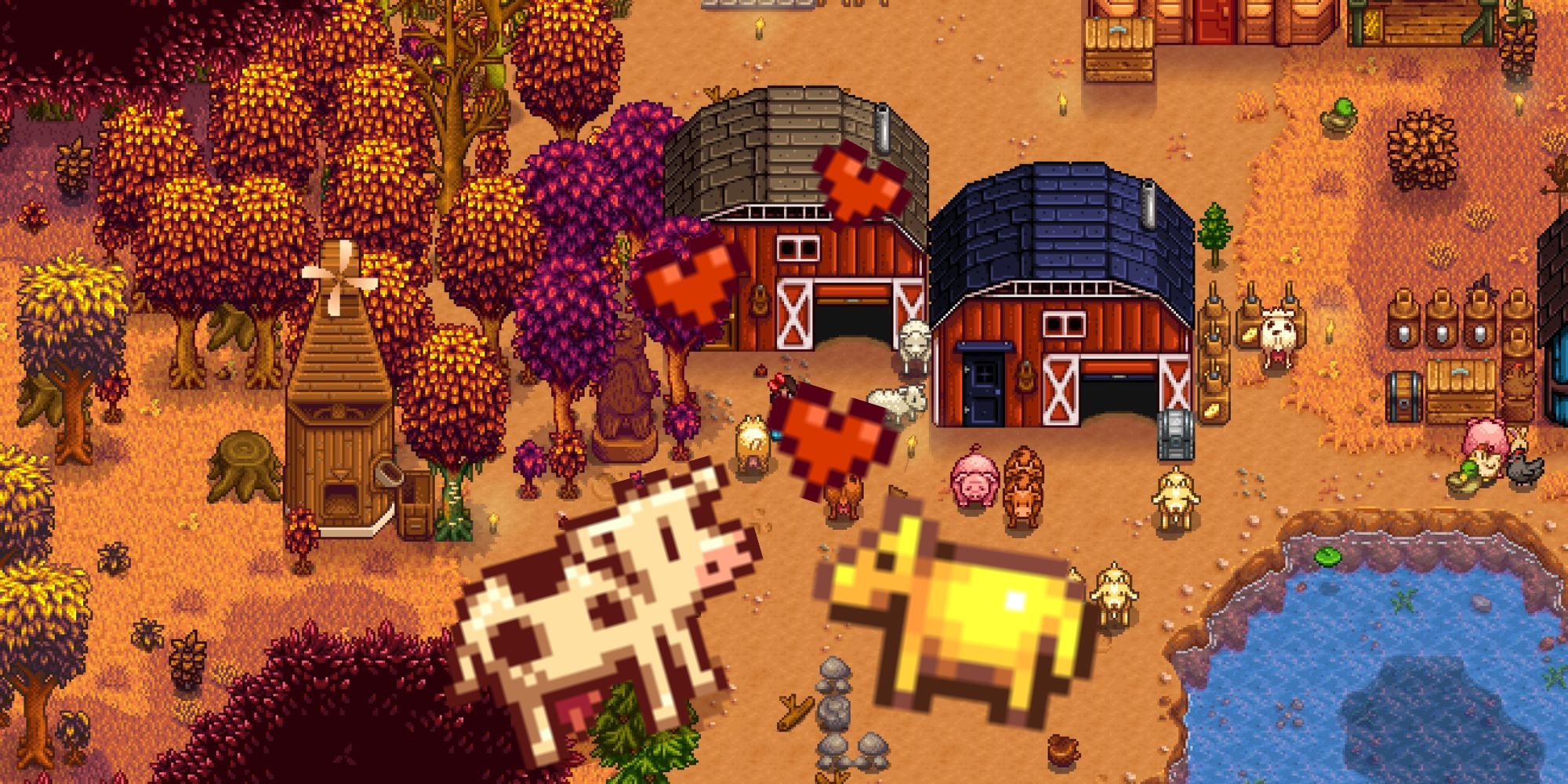 Stardew Valley: A cow and Golden Animal Cracker over an image of the player's farm. Hearts float up from the cow and cracker