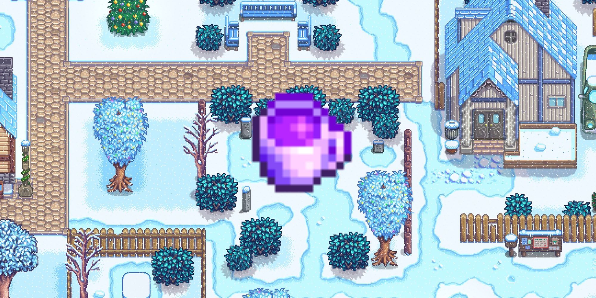Stardew Valley: An image of Stardrop Tea set over an image of Pelican Town in the wintertime