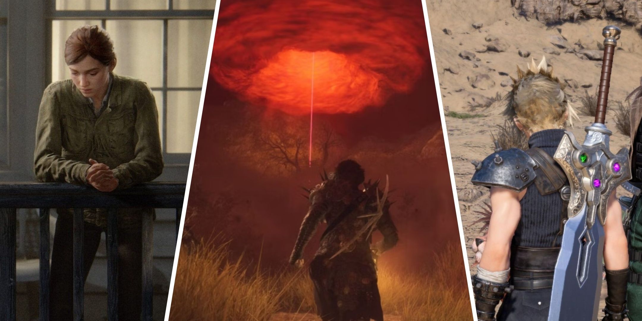 بهترین بازی برای اولین بار برای PS5 3 Last of Us 2 Ellie، Dragon's Dogma و Cloud ion FF7 Rebirth در کنار هم در یک تصویر تقسیم شده
