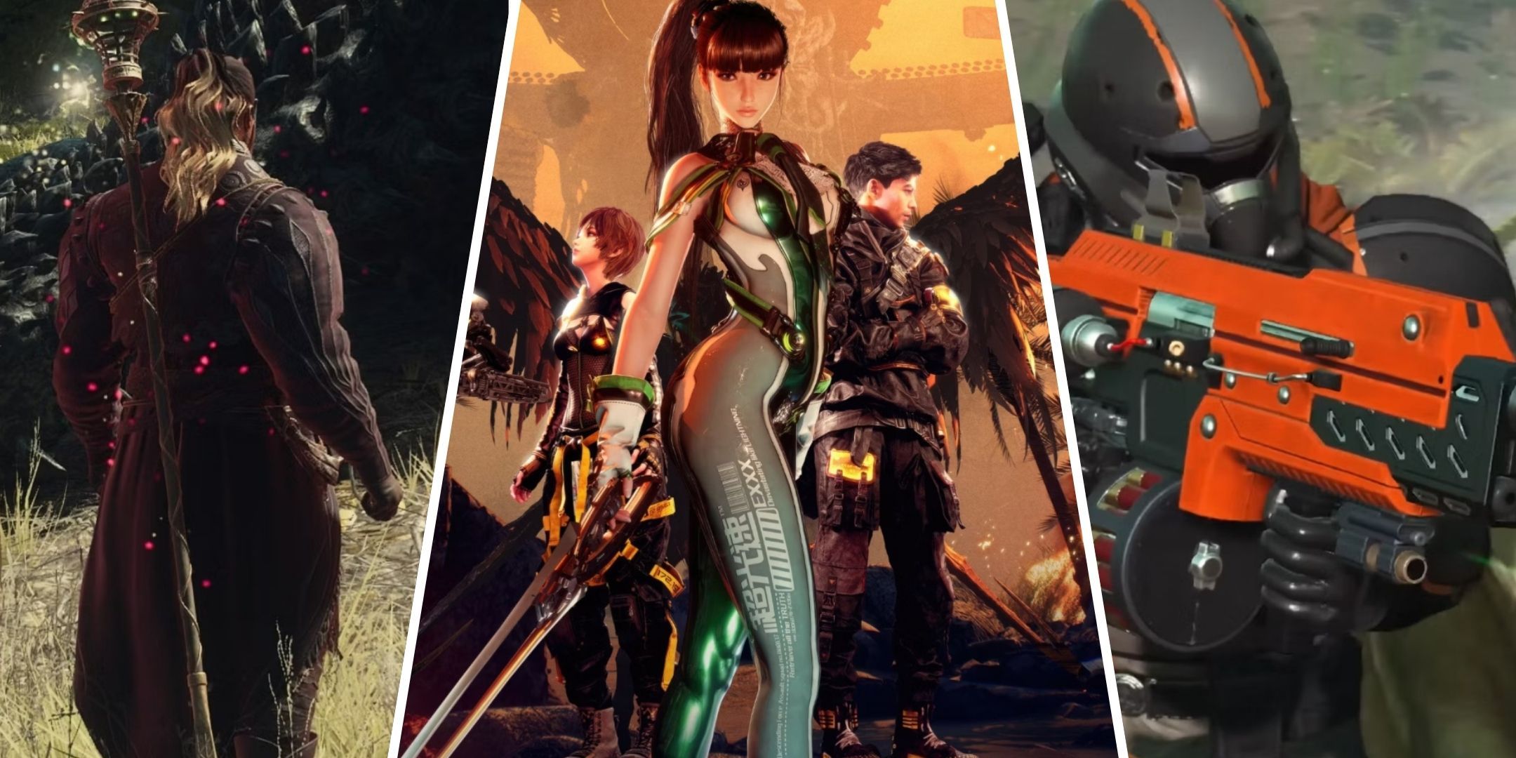 بهترین بازی های PS5 در تمام دوران 33 Dragon's Dogma 2 Arisen، Stellar Blade Eve و همکاران، و یک بازیکن در Helldivers 2 تصاویر کنار هم چیده شده اند.