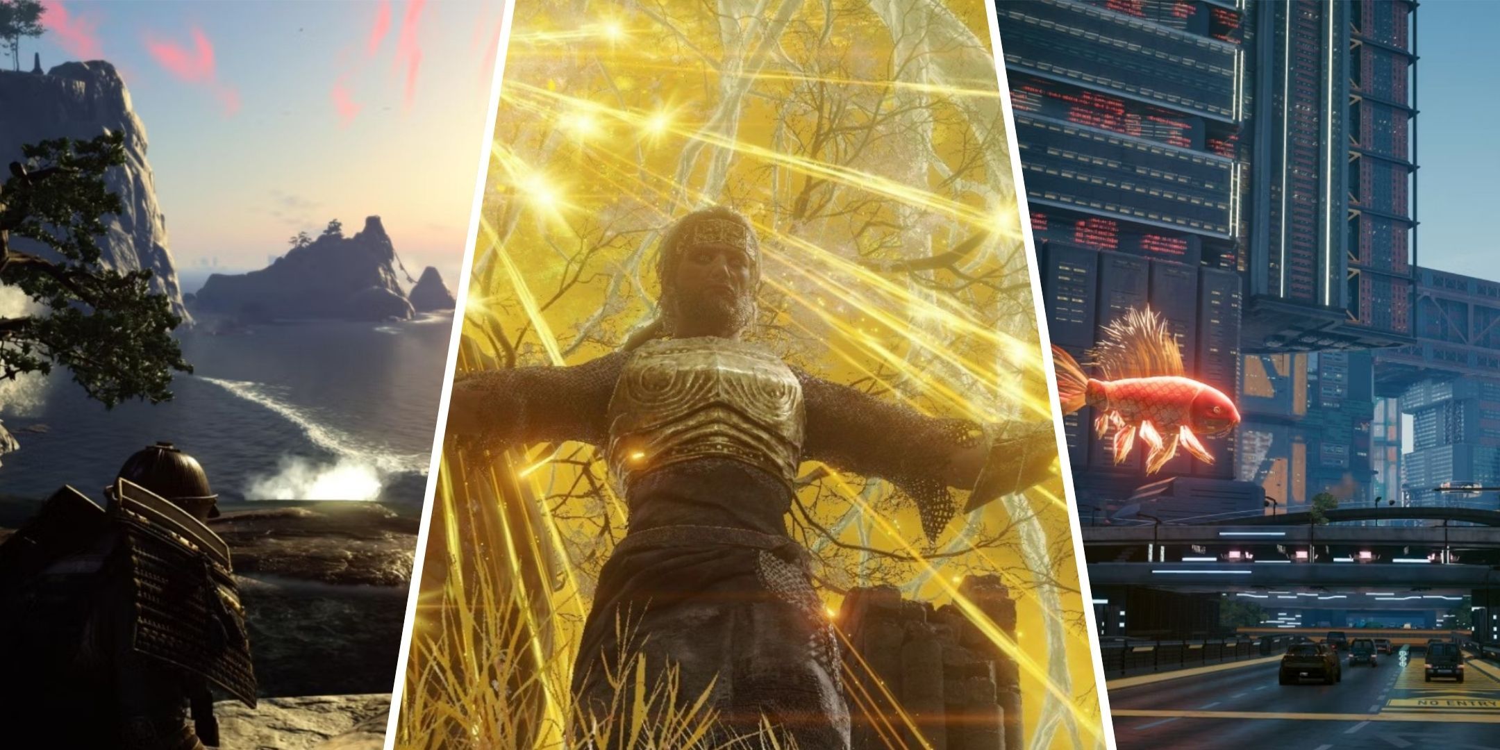 Ghostts of Tsushima background at sunset, an NPC in front of the Erdtree in Elden Ring and a picture of the enviornment in Cyberpunk 2077 side by side