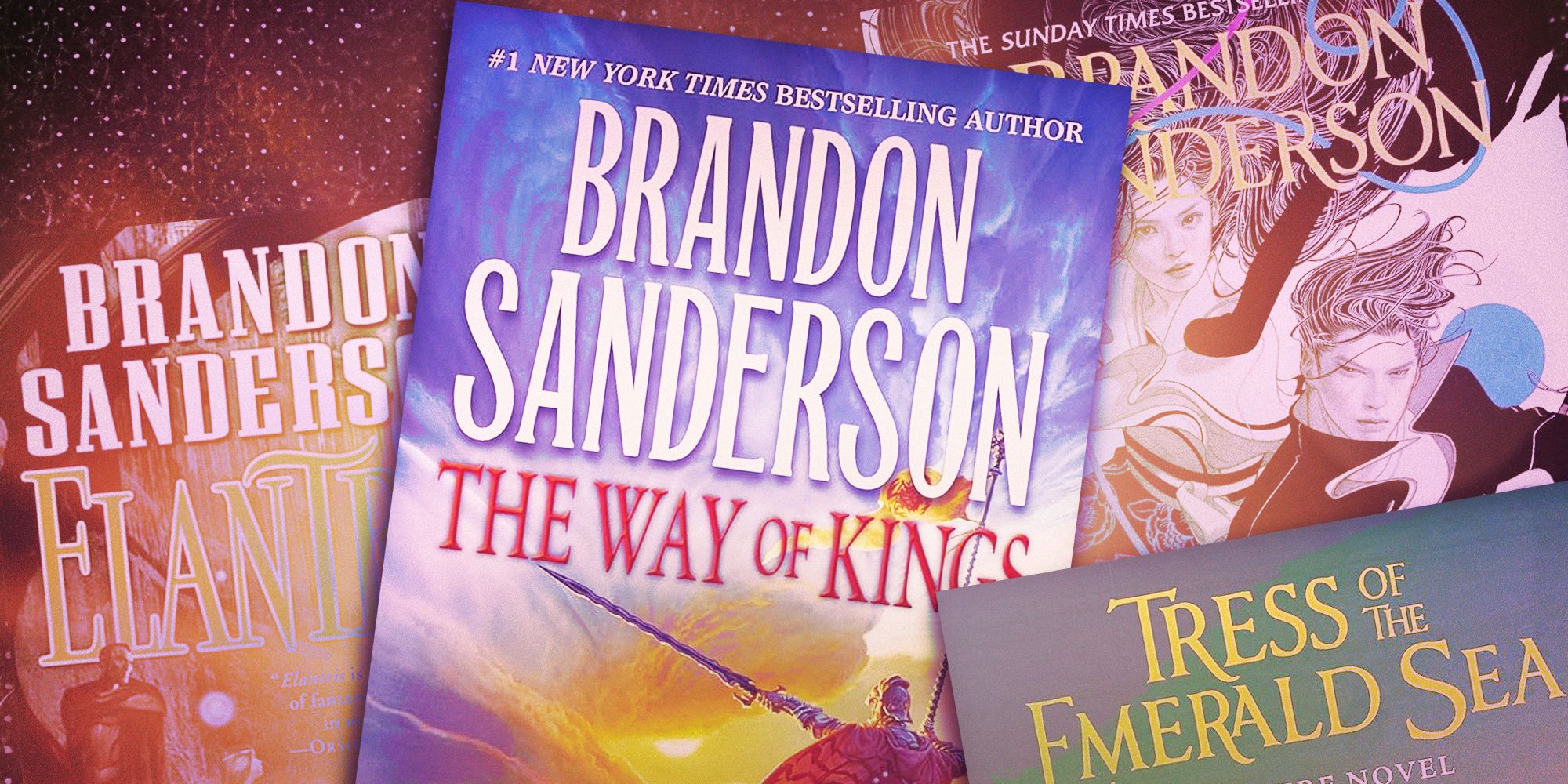 A collage of Cosmere books by Brandon Sanderson, from left to right: Elantris, The Way of Kings, Tress of the Emerald Sea, and Yumi and the Nightmare Painter