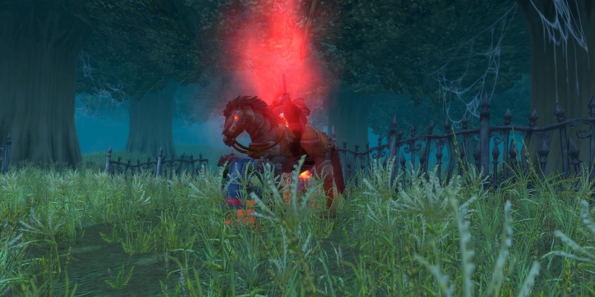 a dark rider on his horse, fighting an orc warrior in a graveyard in duskwood