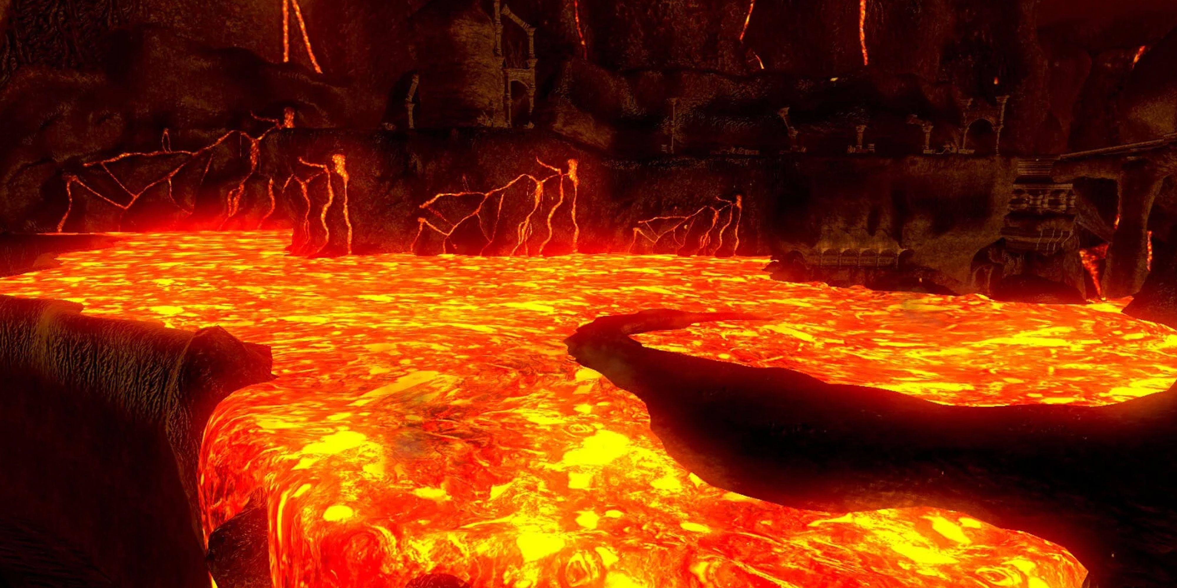 Dark Souls Lostt Izalith lava waterfall flowing from demon ruins